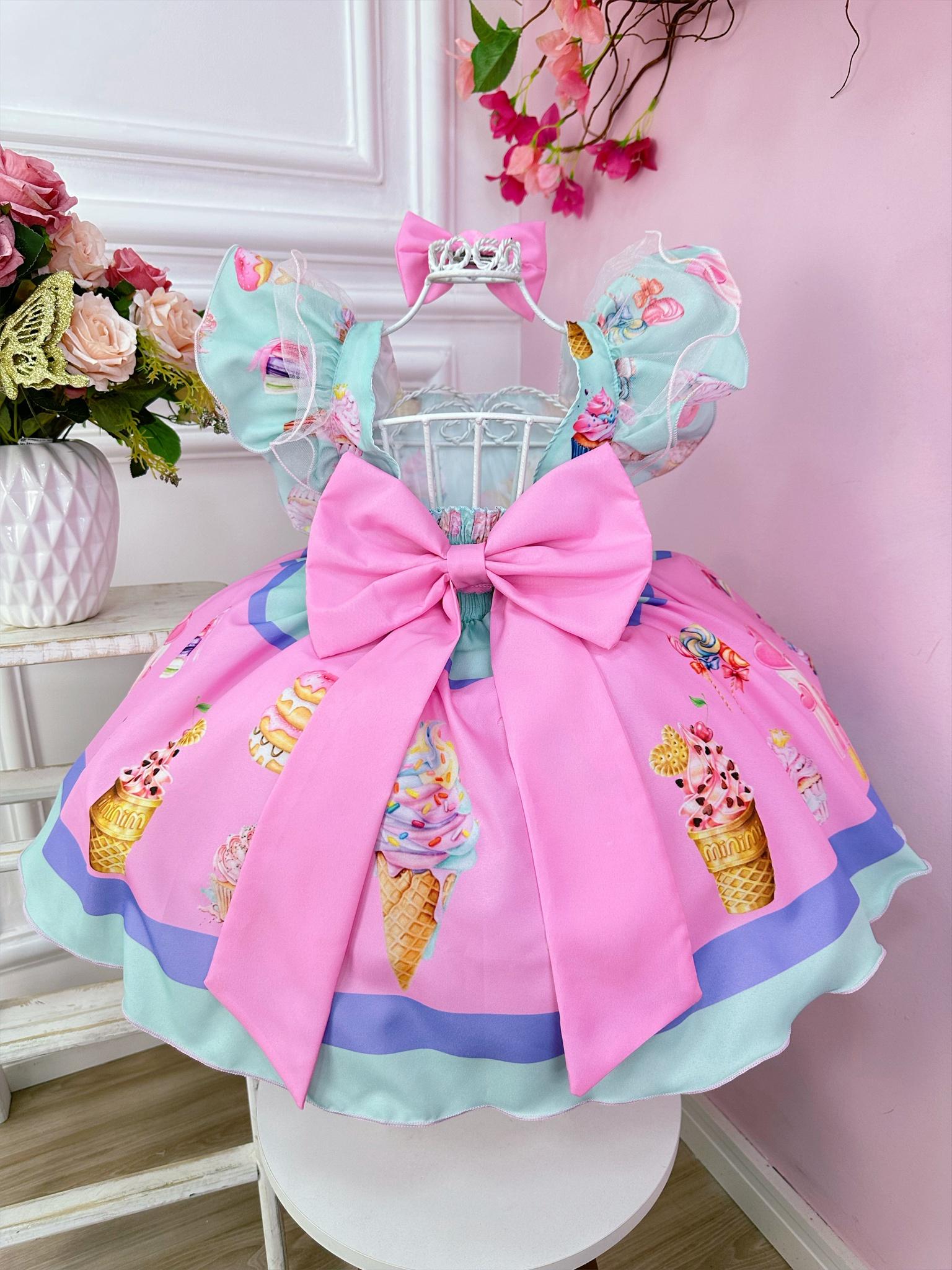 Vestido Infantil Verde Confeitaria de Doces Com Laço