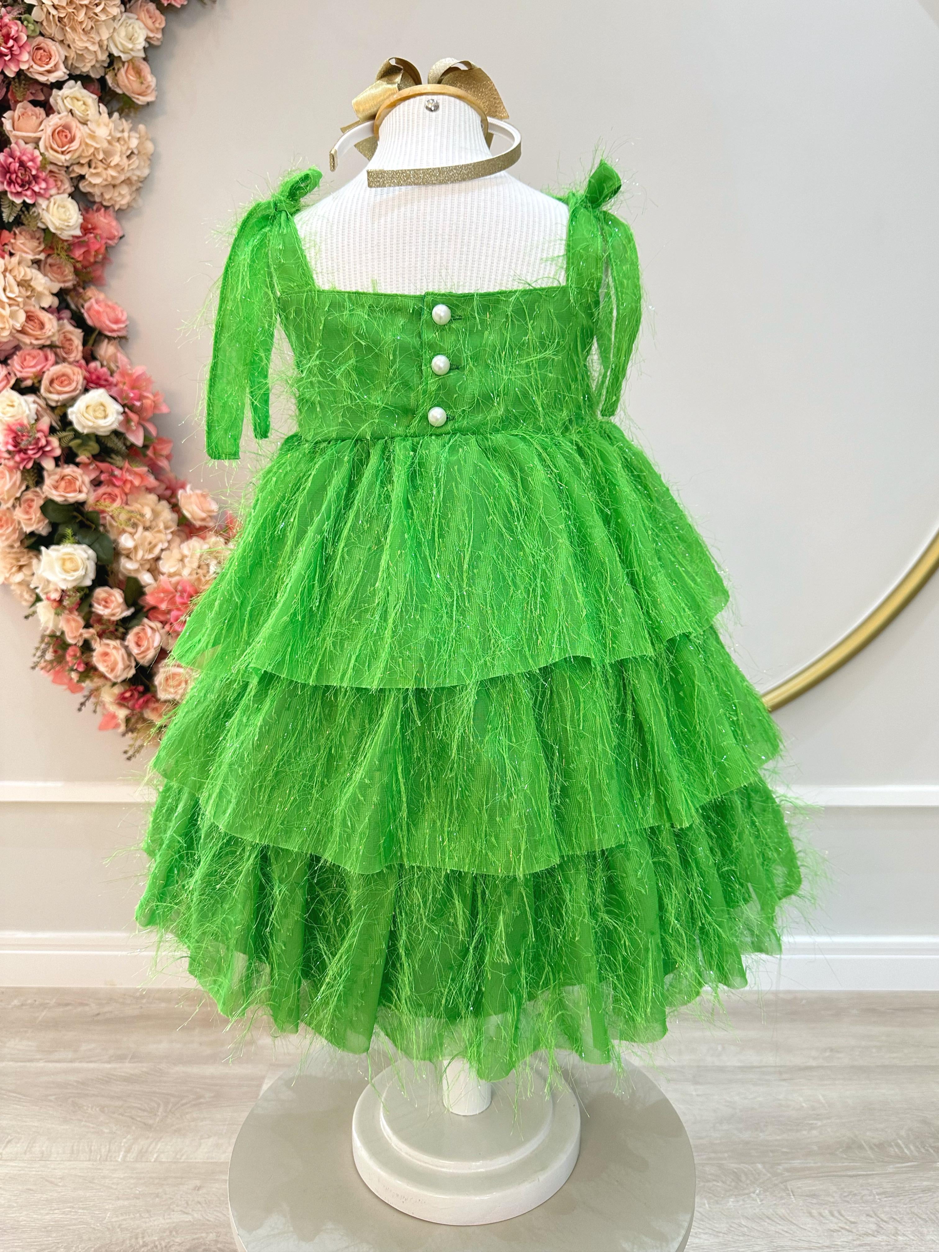 Vestido Infantil Verde de Alça e Com Plumas Luxo