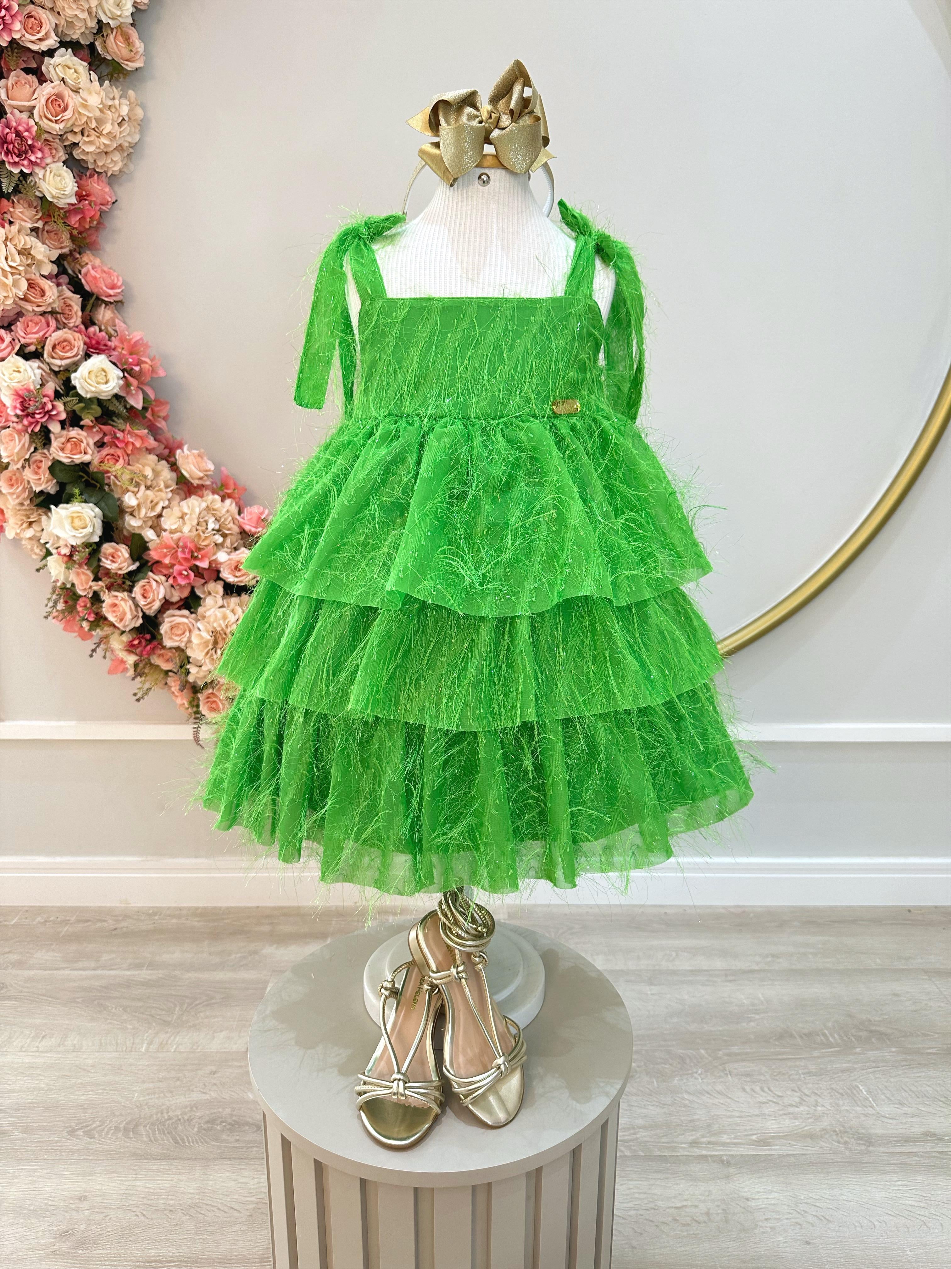 Vestido Infantil Verde de Alça e Com Plumas Luxo
