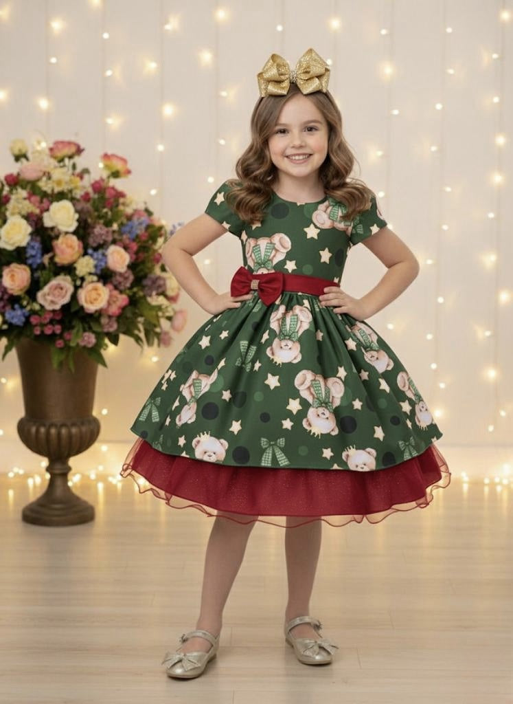 Vestido Infantil Verde e Marsala Ursinhos Natal Festas