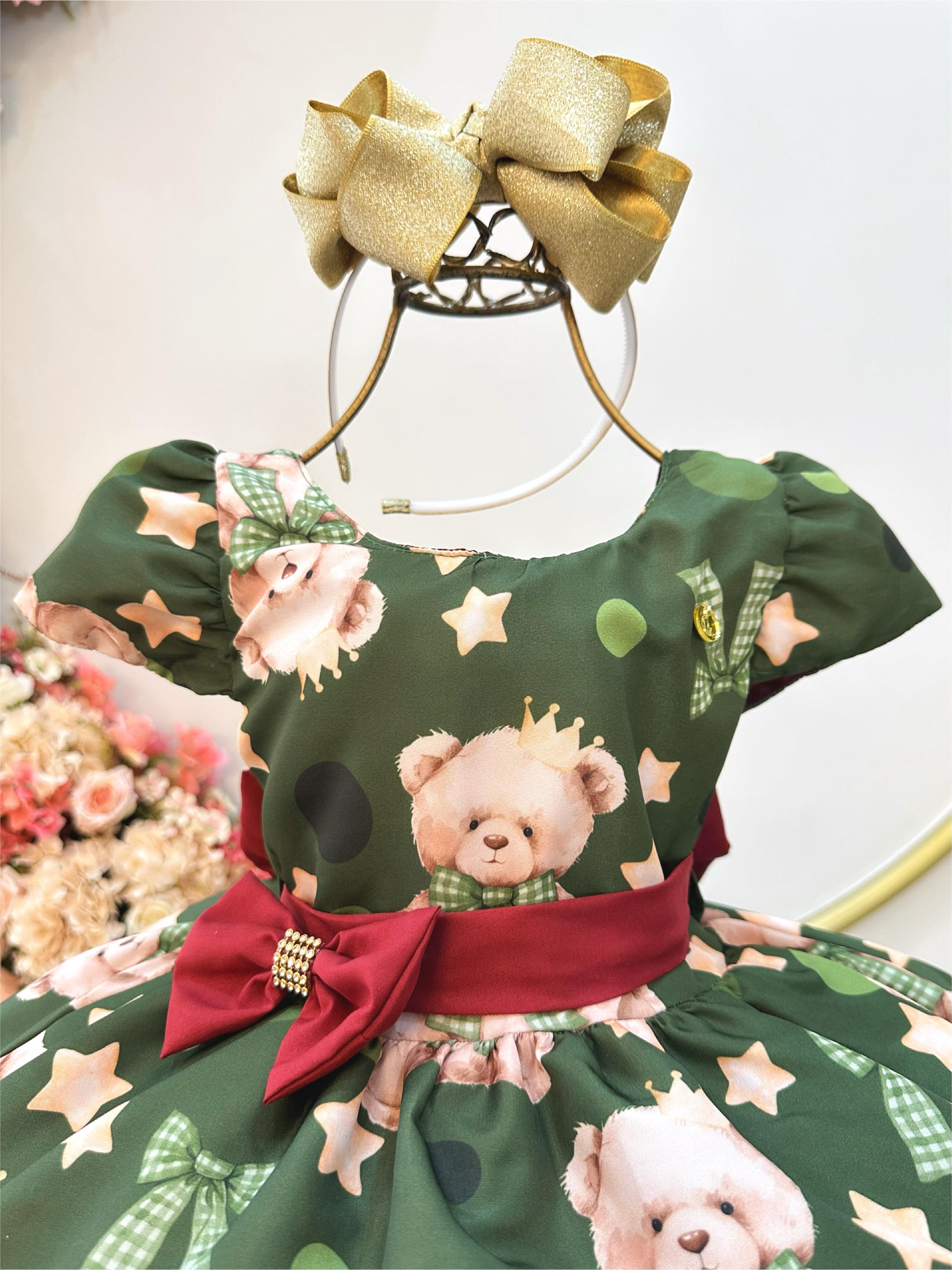 Vestido Infantil Verde e Marsala Ursinhos Natal Festas