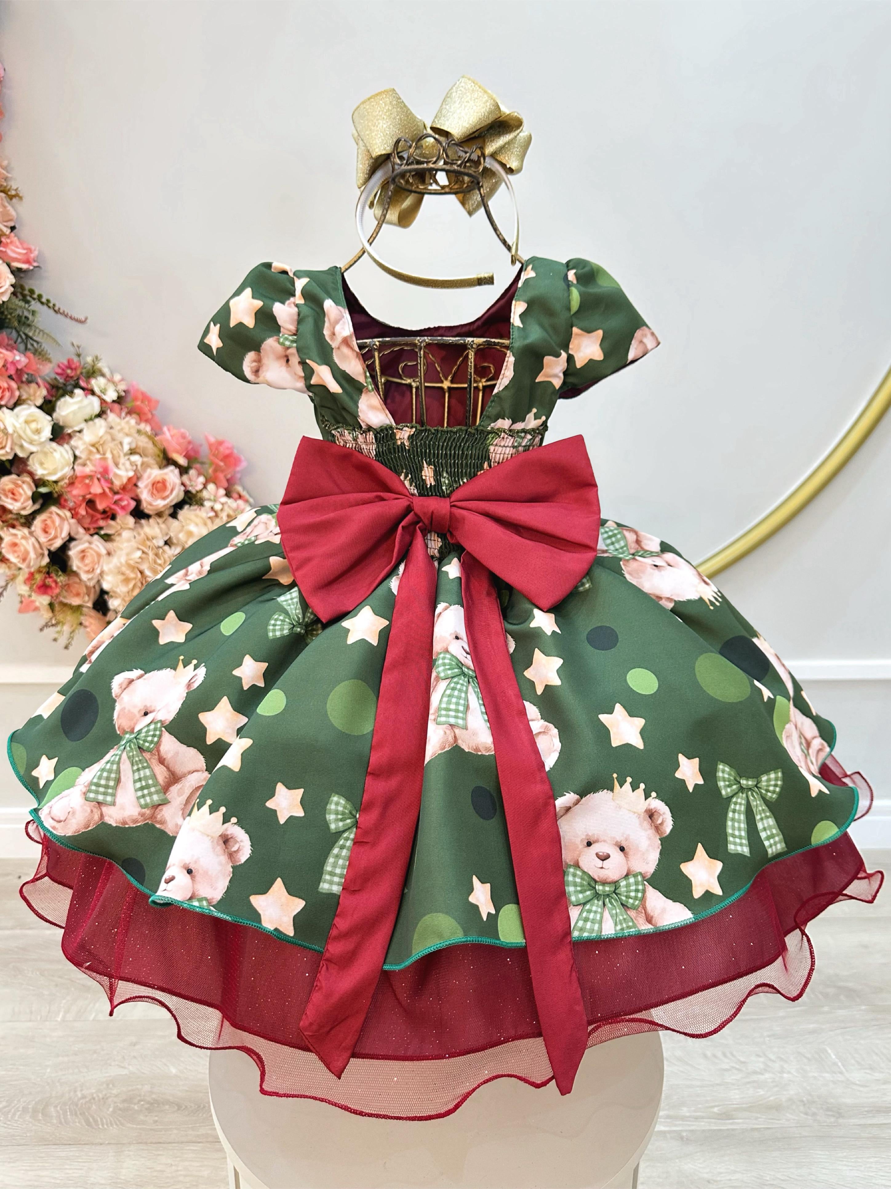 Vestido Infantil Verde e Marsala Ursinhos Natal Festas