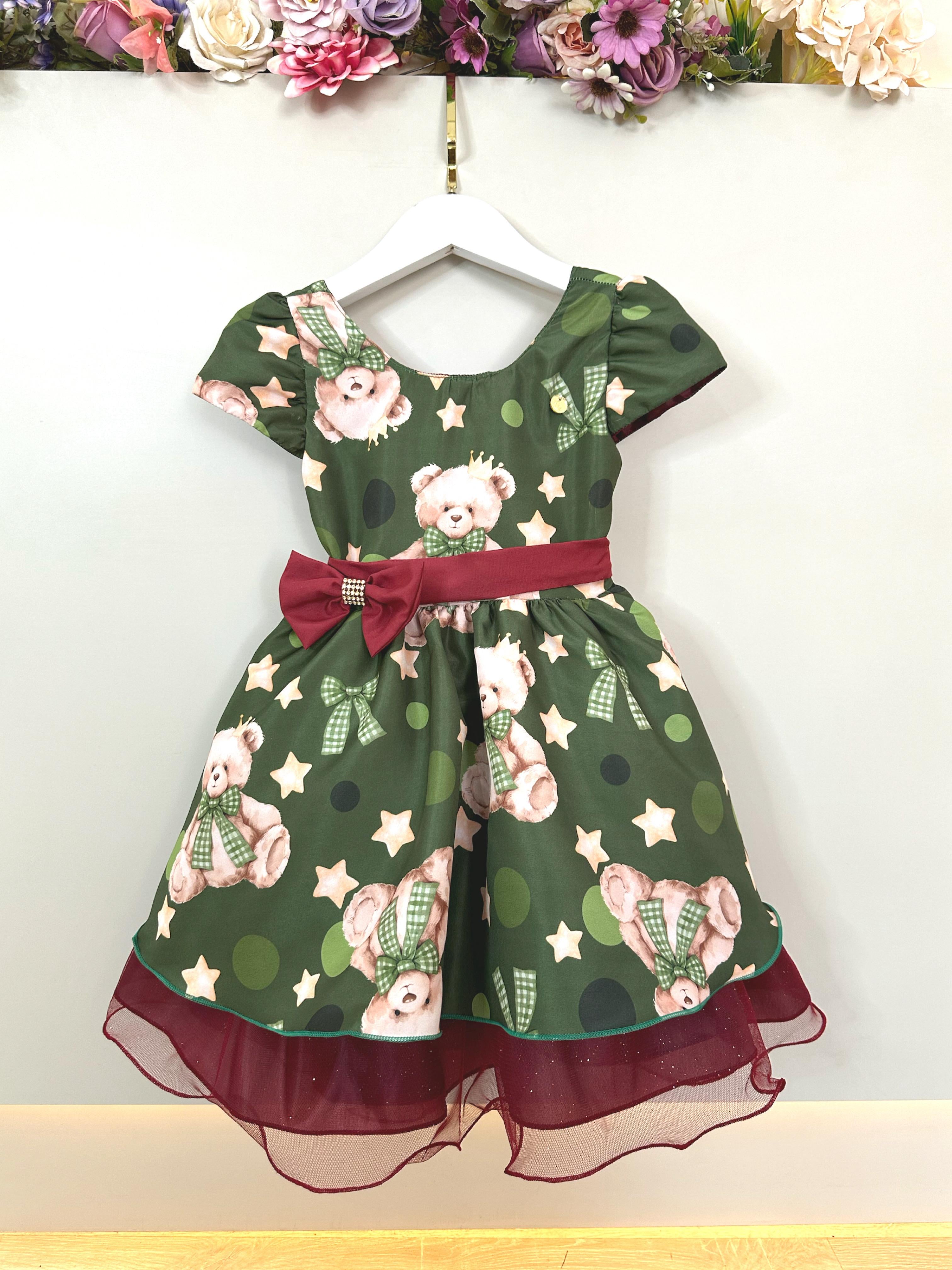 Vestido Infantil Verde e Marsala Ursinhos Natal Festas