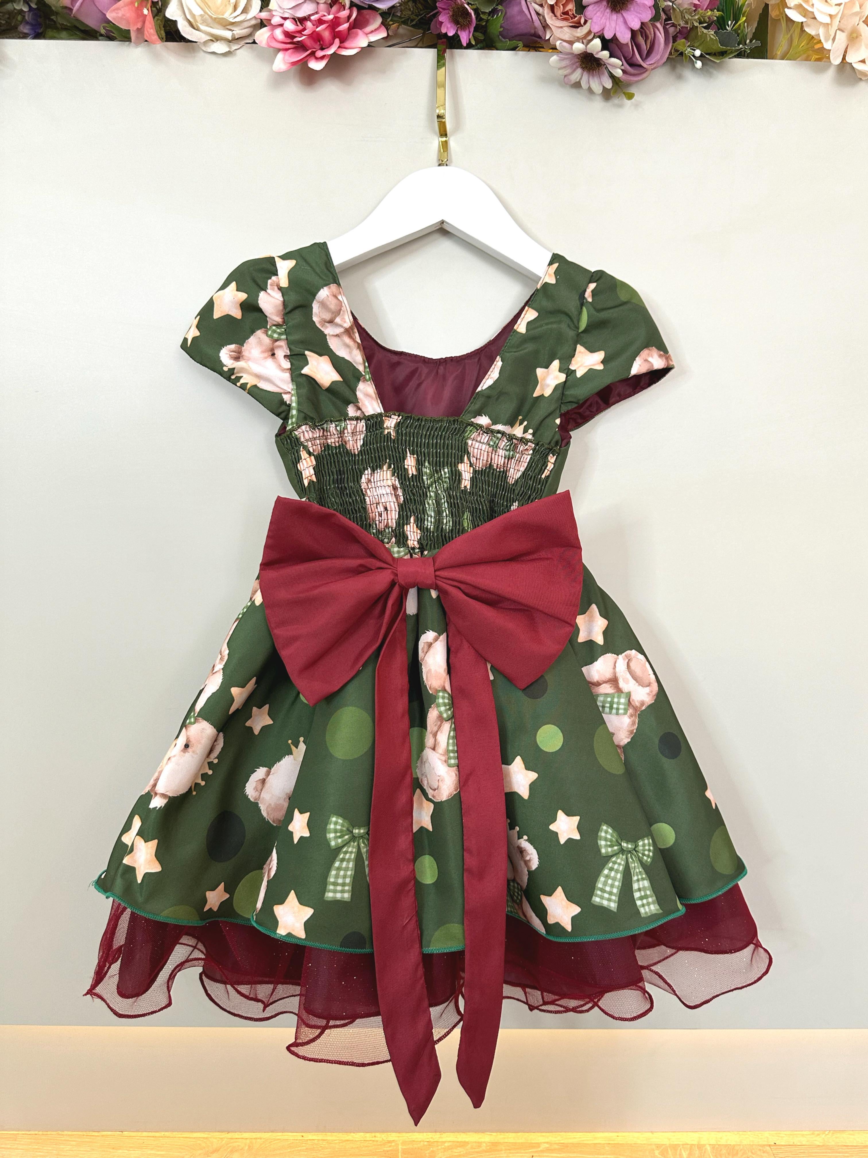 Vestido Infantil Verde e Marsala Ursinhos Natal Festas