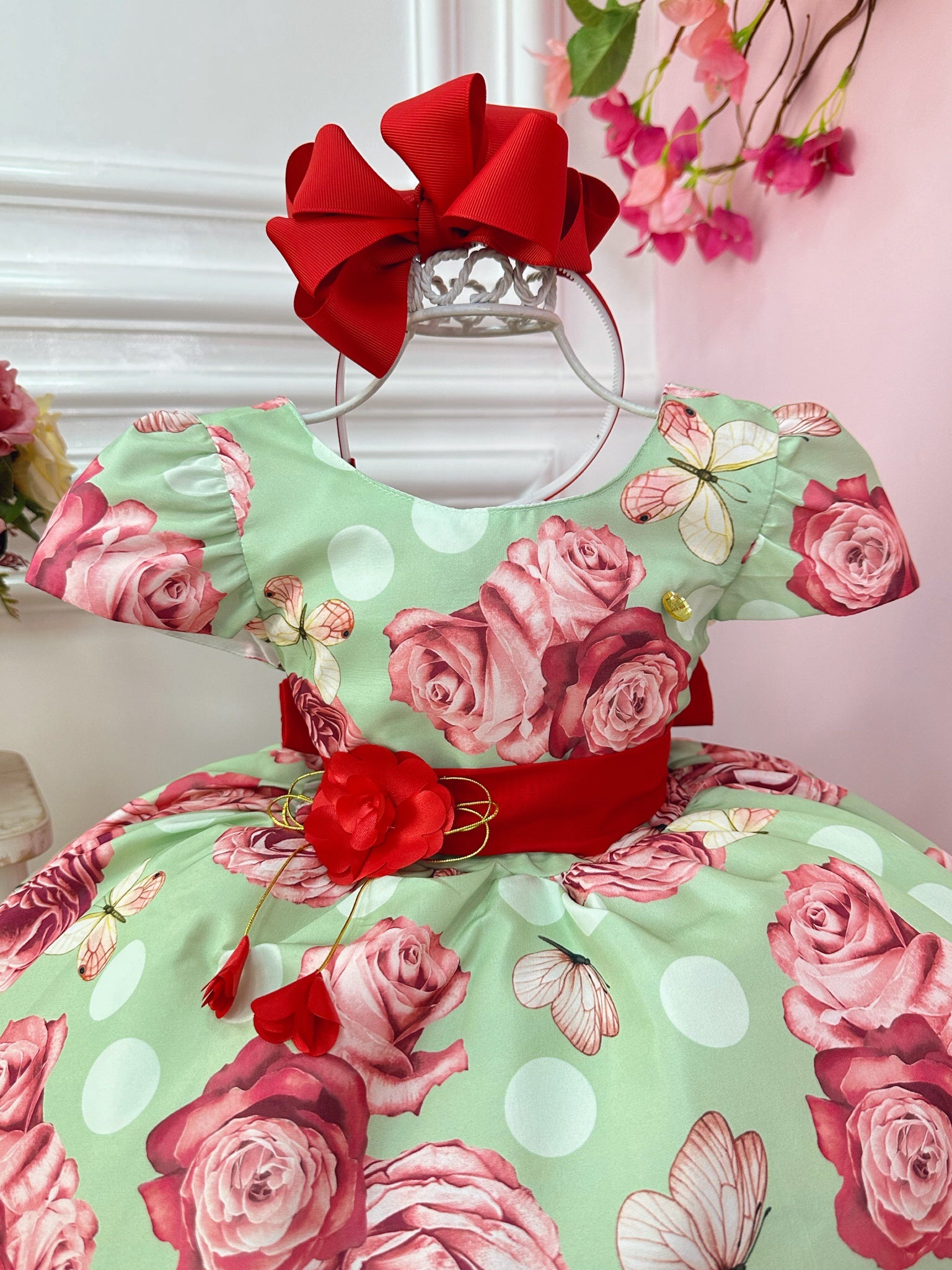 Vestido Infantil Verde Jardim das Borboletas C/ Broche