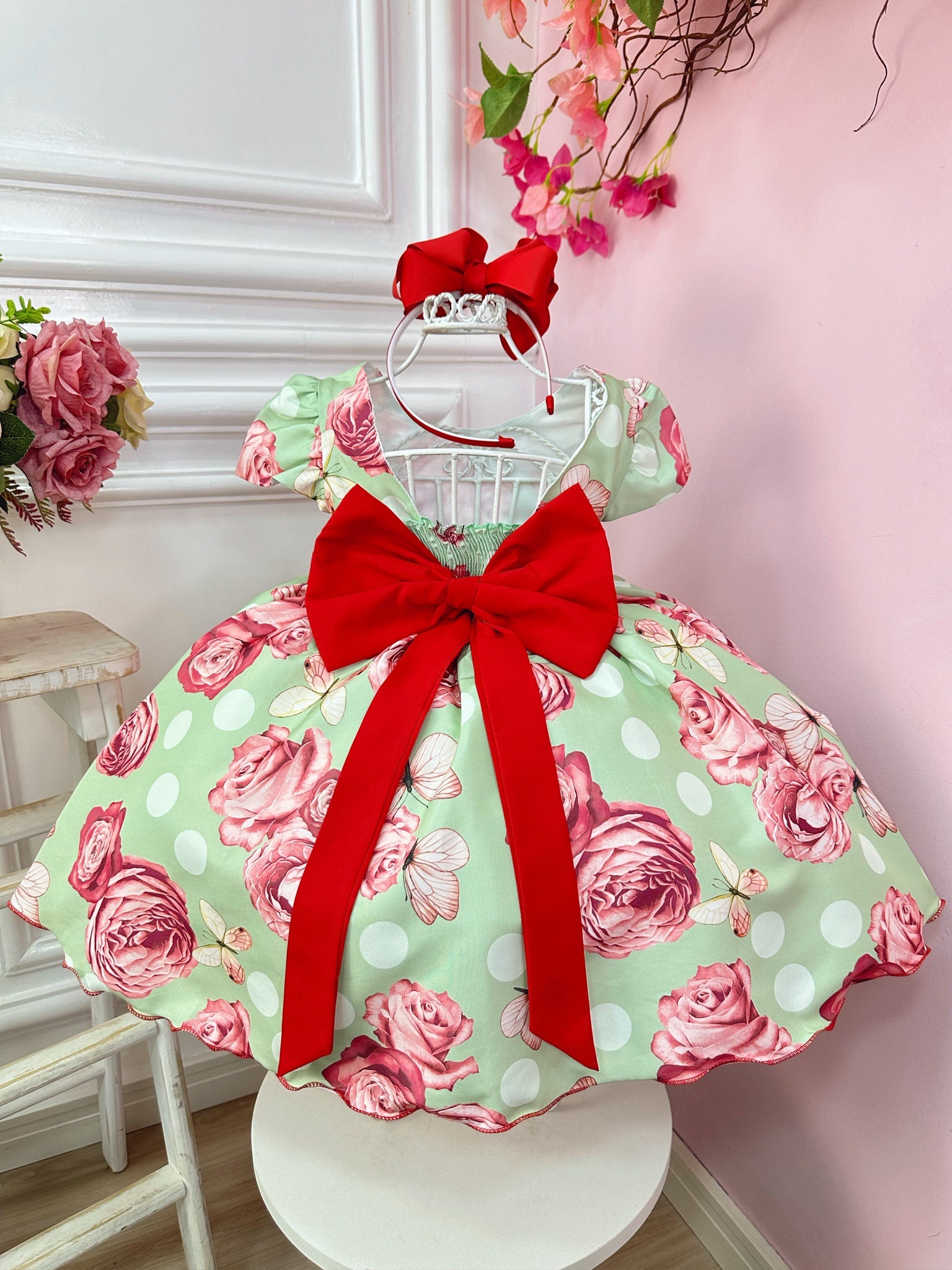 Vestido Infantil Verde Jardim das Borboletas C/ Broche