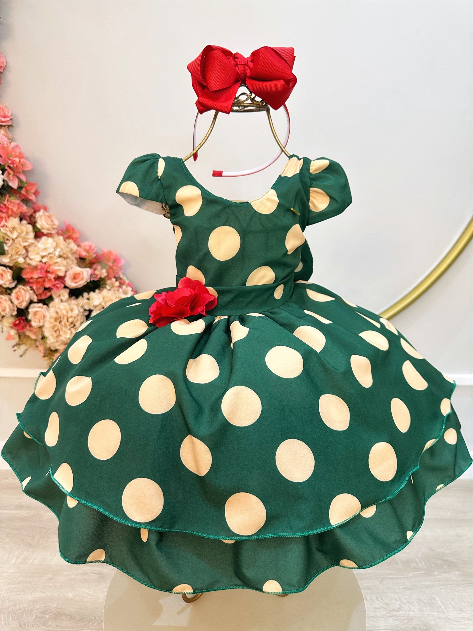 Vestido Infantil Verde Militar C/ Broche de Flor Festas