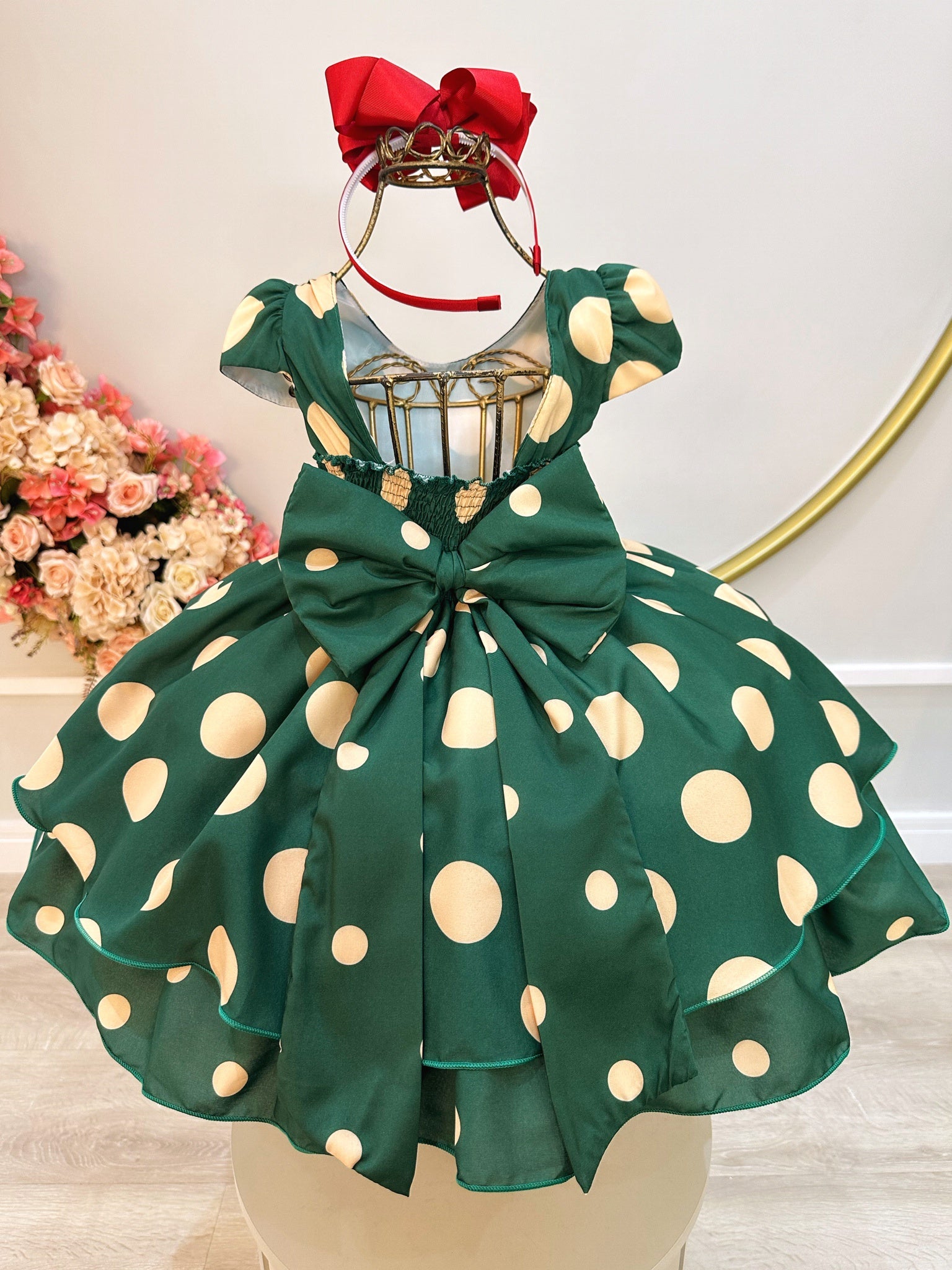 Vestido Infantil Verde Militar C/ Broche de Flor Festas