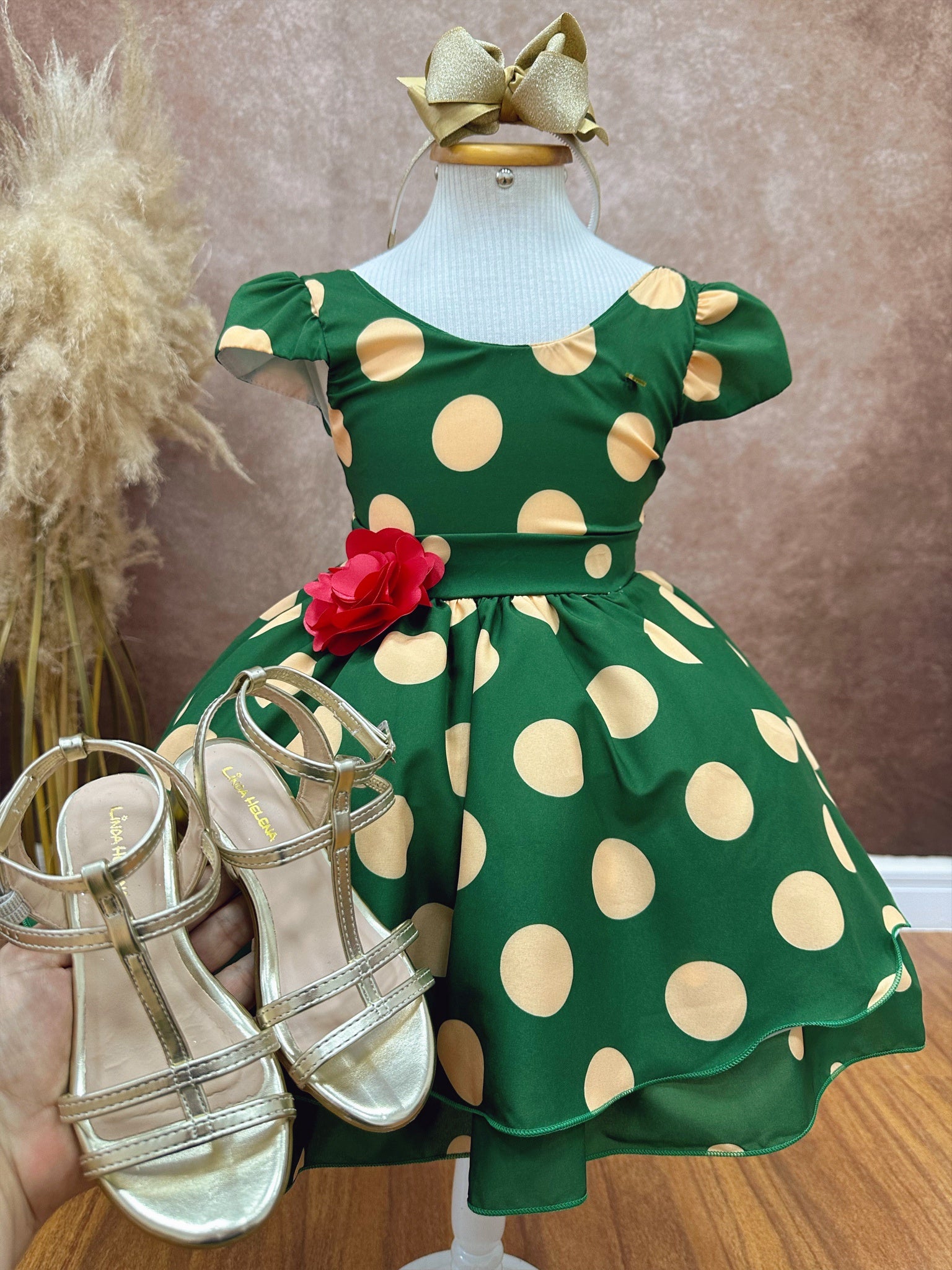 Vestido Infantil Verde Militar C/ Broche de Flor Festas