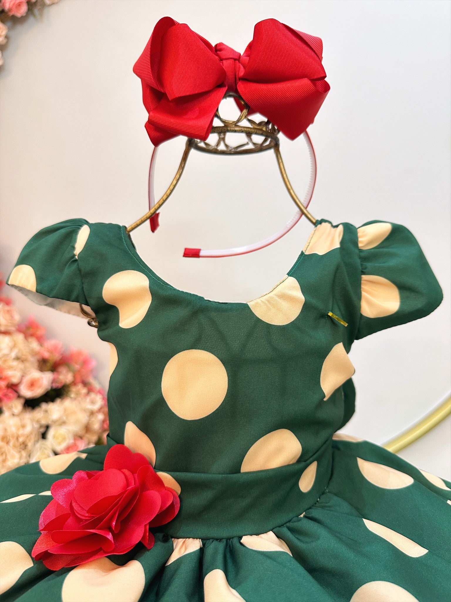 Vestido Infantil Verde Militar C/ Broche de Flor Festas