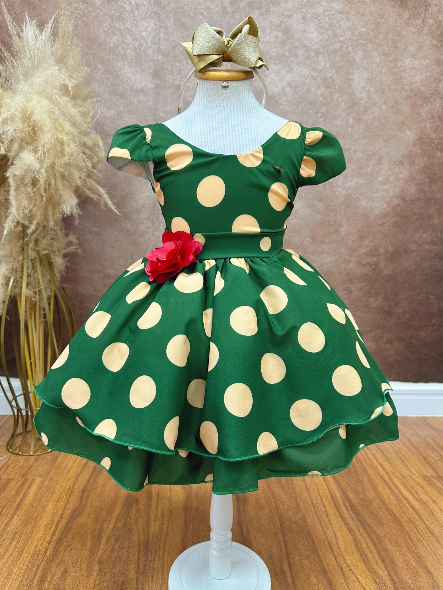 Vestido Infantil Verde Militar C/ Broche de Flor Festas
