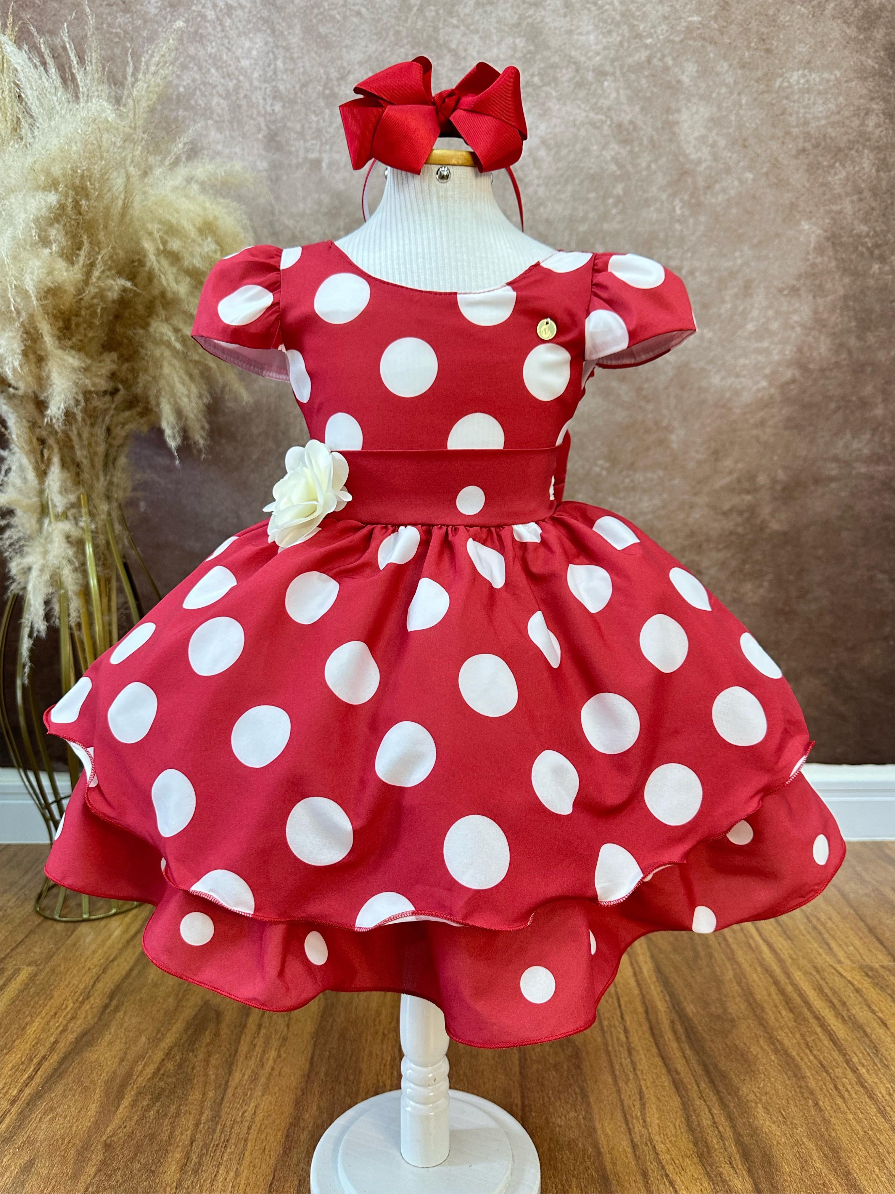 Vestido Infantil Vermelho C/ Broche de Flor Festas