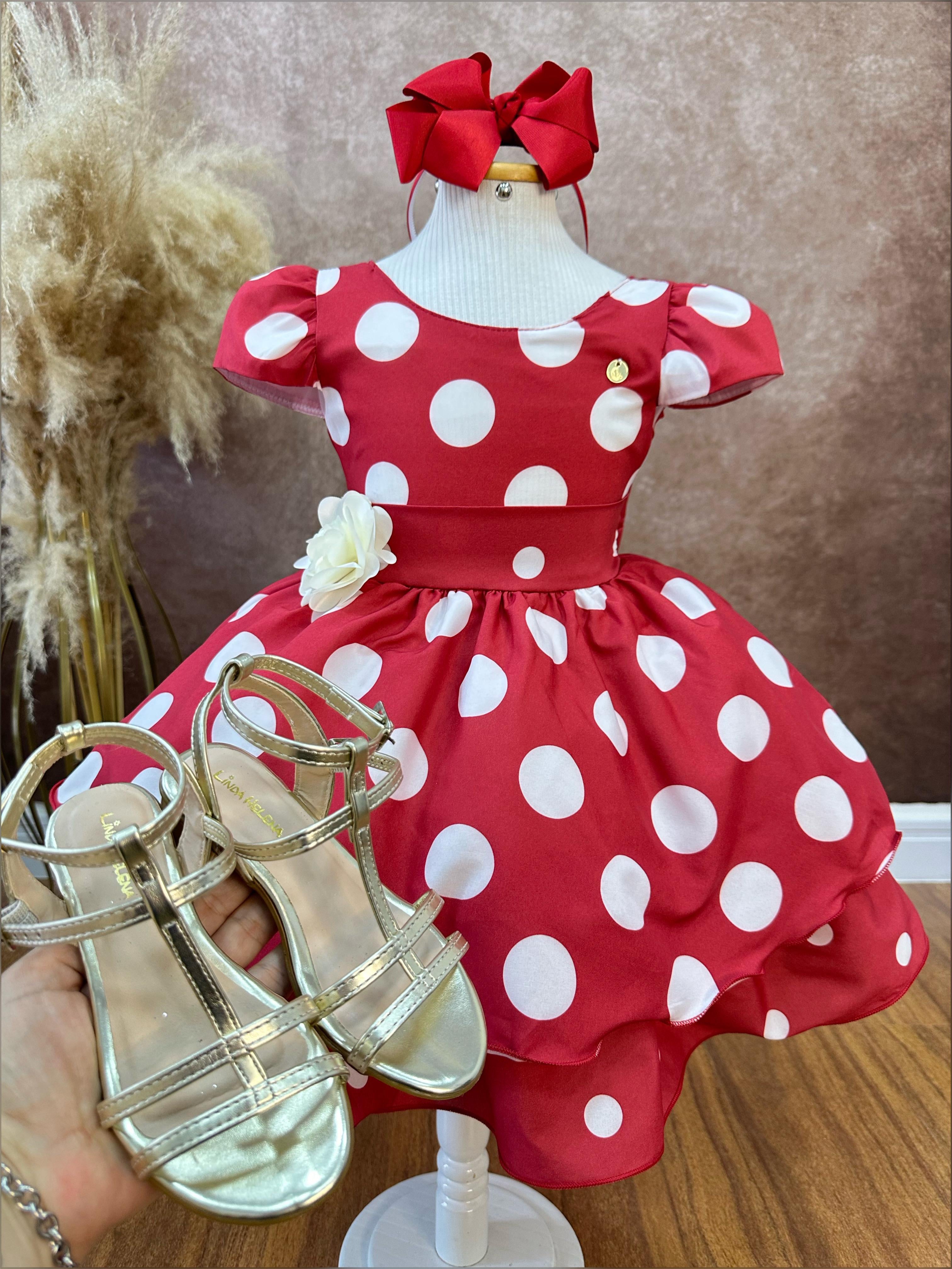 Vestido Infantil Vermelho C/ Broche de Flor Festas