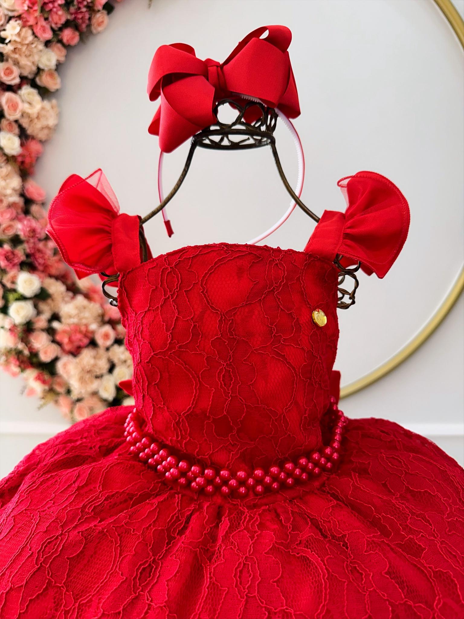 Vestido Infantil Vermelho C/ Renda e Perolas Natal Festa
