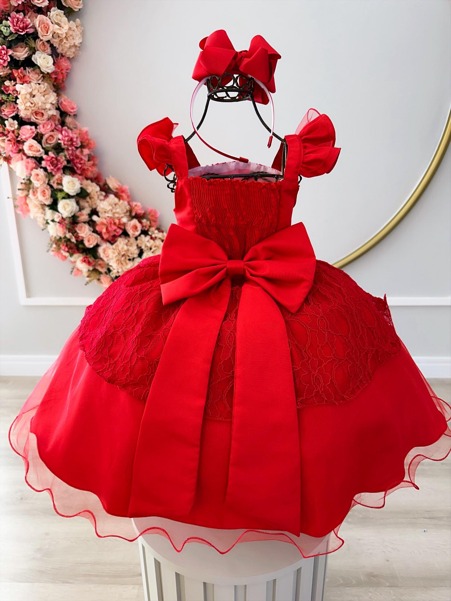 Vestido Infantil Vermelho C/ Renda e Perolas Natal Festa