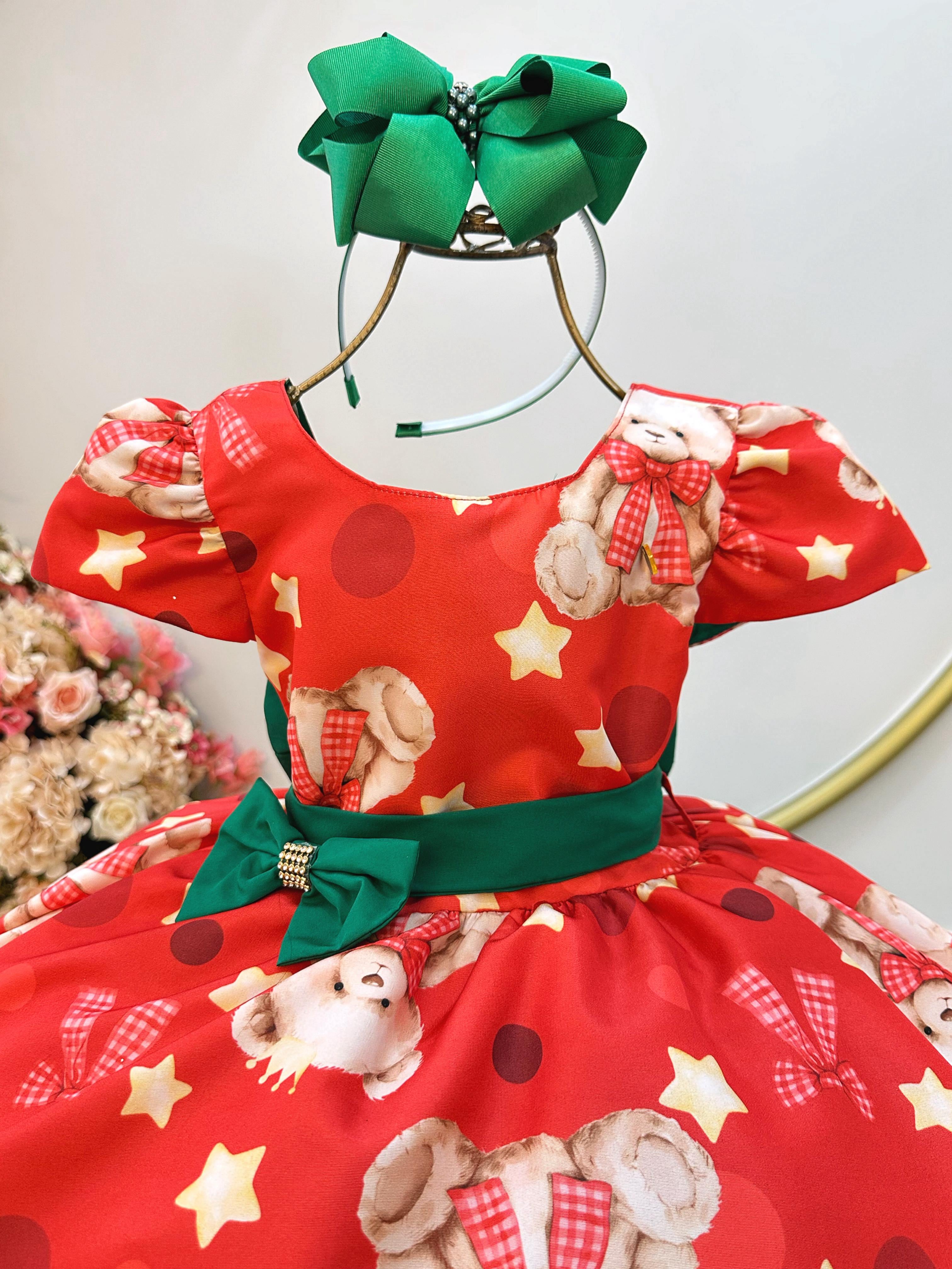 Vestido Infantil Vermelho e Verde Ursinhos Natal Festas