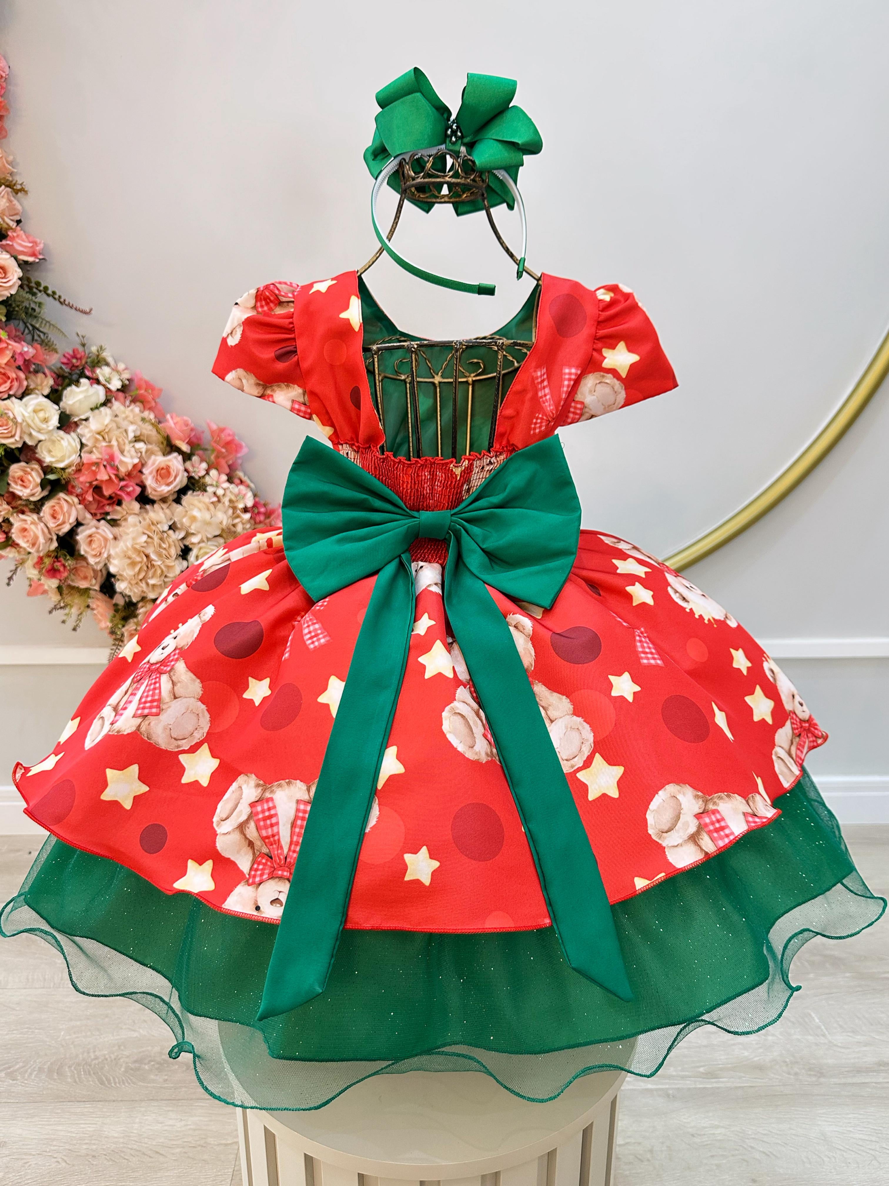 Vestido Infantil Vermelho e Verde Ursinhos Natal Festas