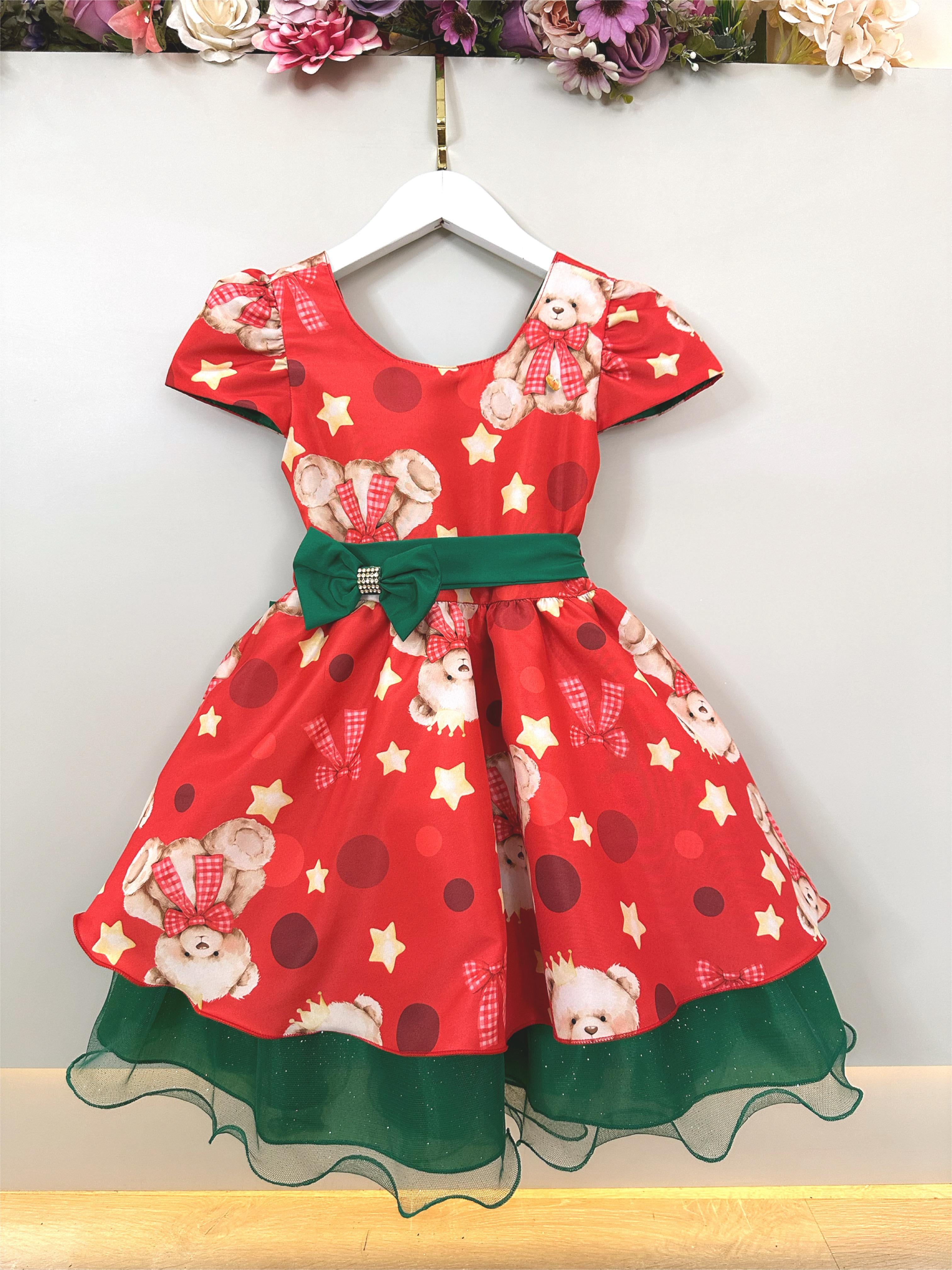 Vestido Infantil Vermelho e Verde Ursinhos Natal Festas