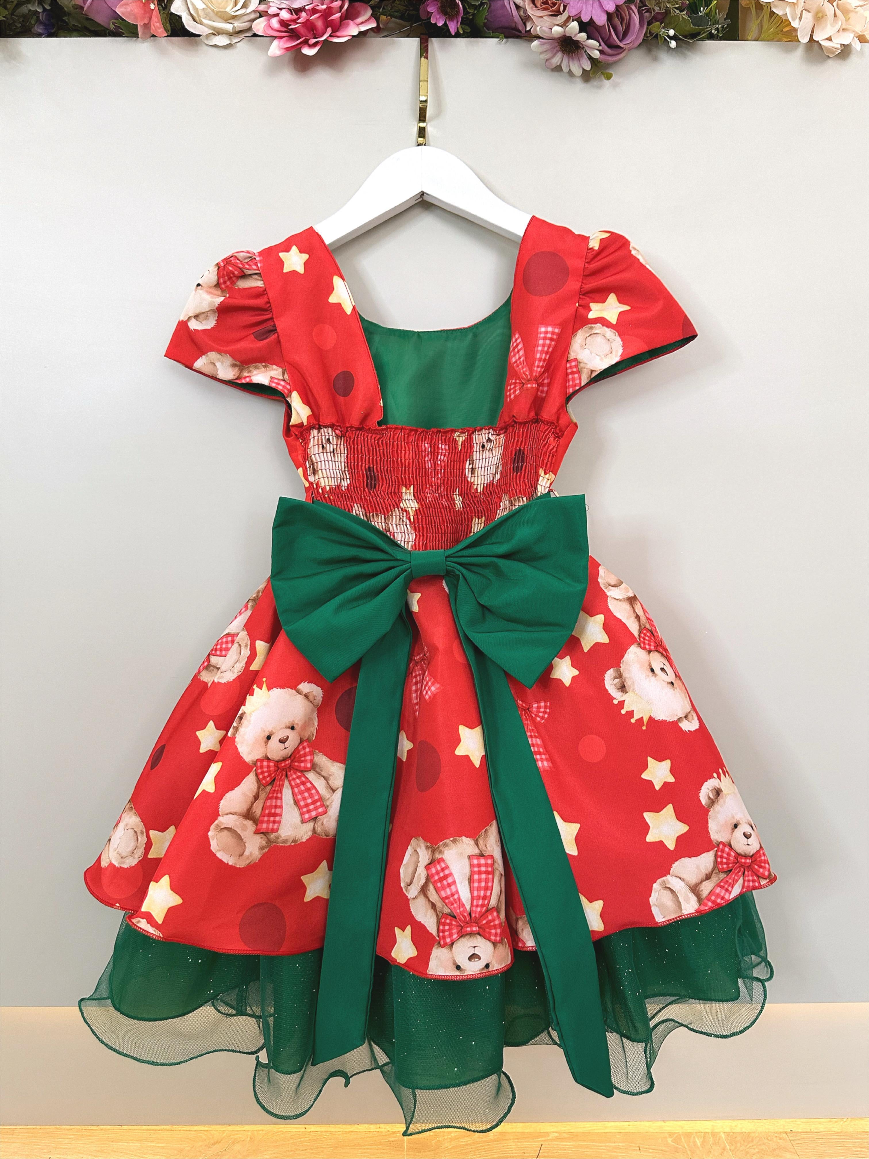 Vestido Infantil Vermelho e Verde Ursinhos Natal Festas