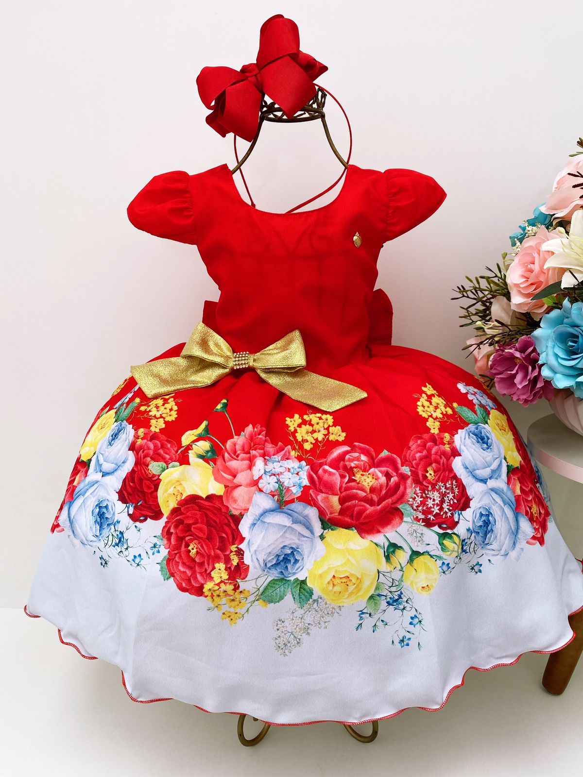 Vestido Infantil Vermelho Floral Laço Dourado Luxo Festas