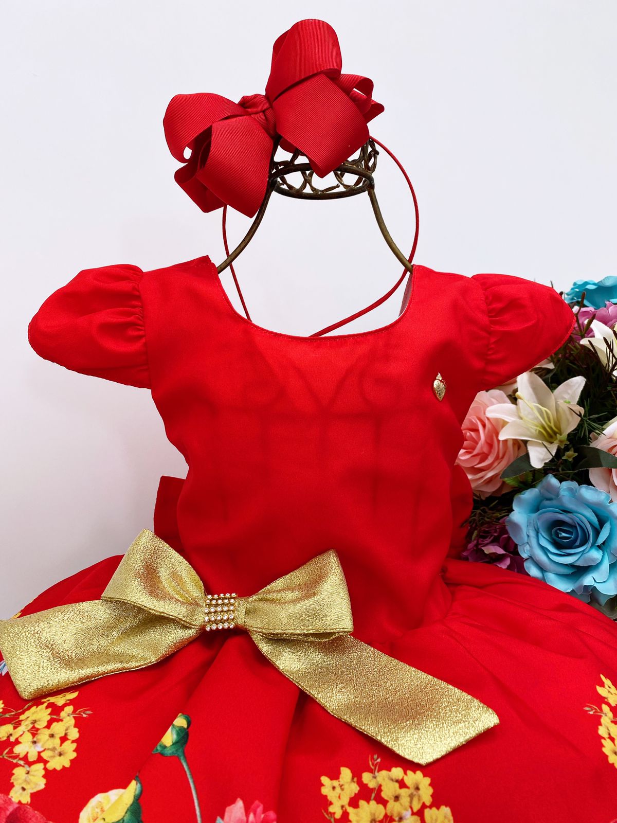 Vestido Infantil Vermelho Floral Laço Dourado Luxo Festas
