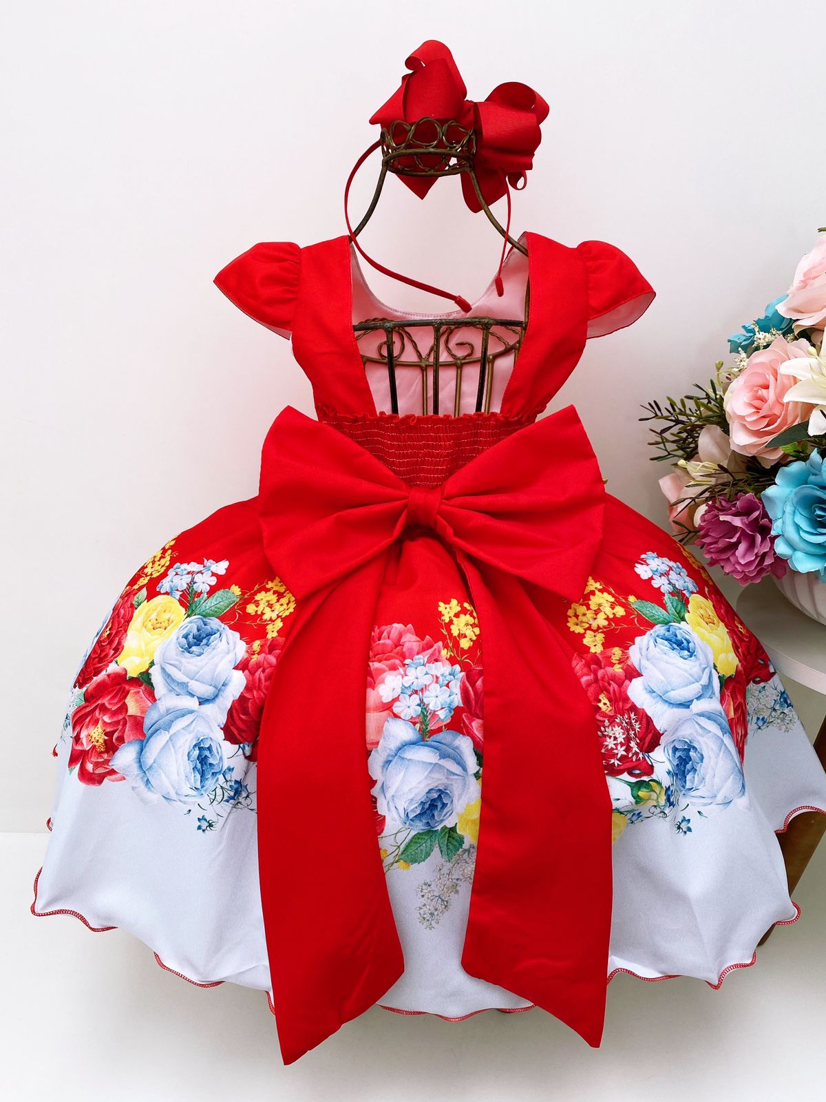 Vestido Infantil Vermelho Floral Laço Dourado Luxo Festas