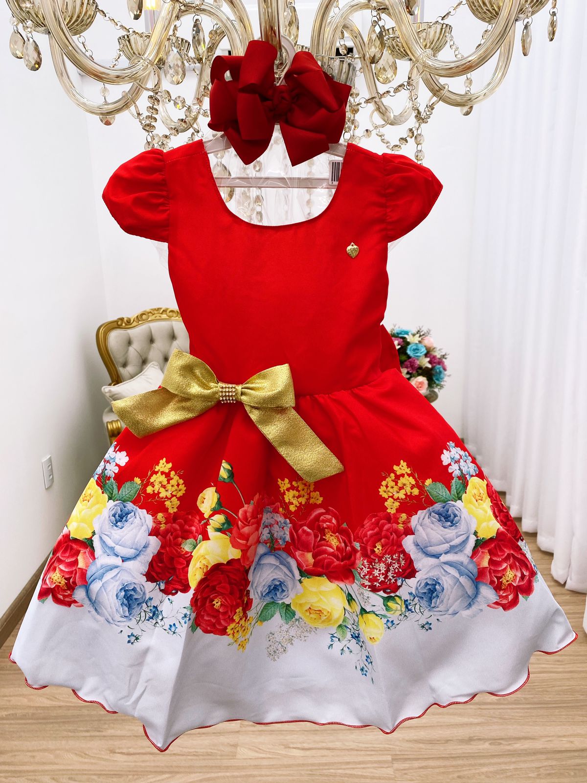 Vestido Infantil Vermelho Floral Laço Dourado Luxo Festas