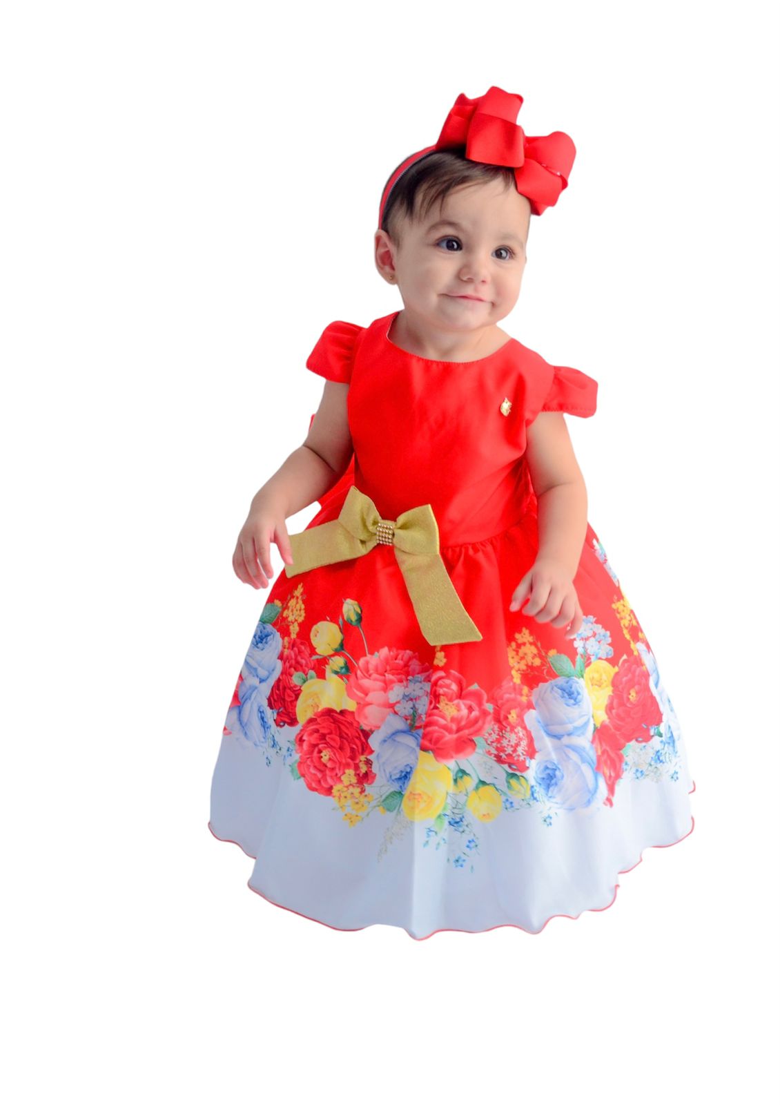 Vestido Infantil Vermelho Floral Laço Dourado Luxo Festas