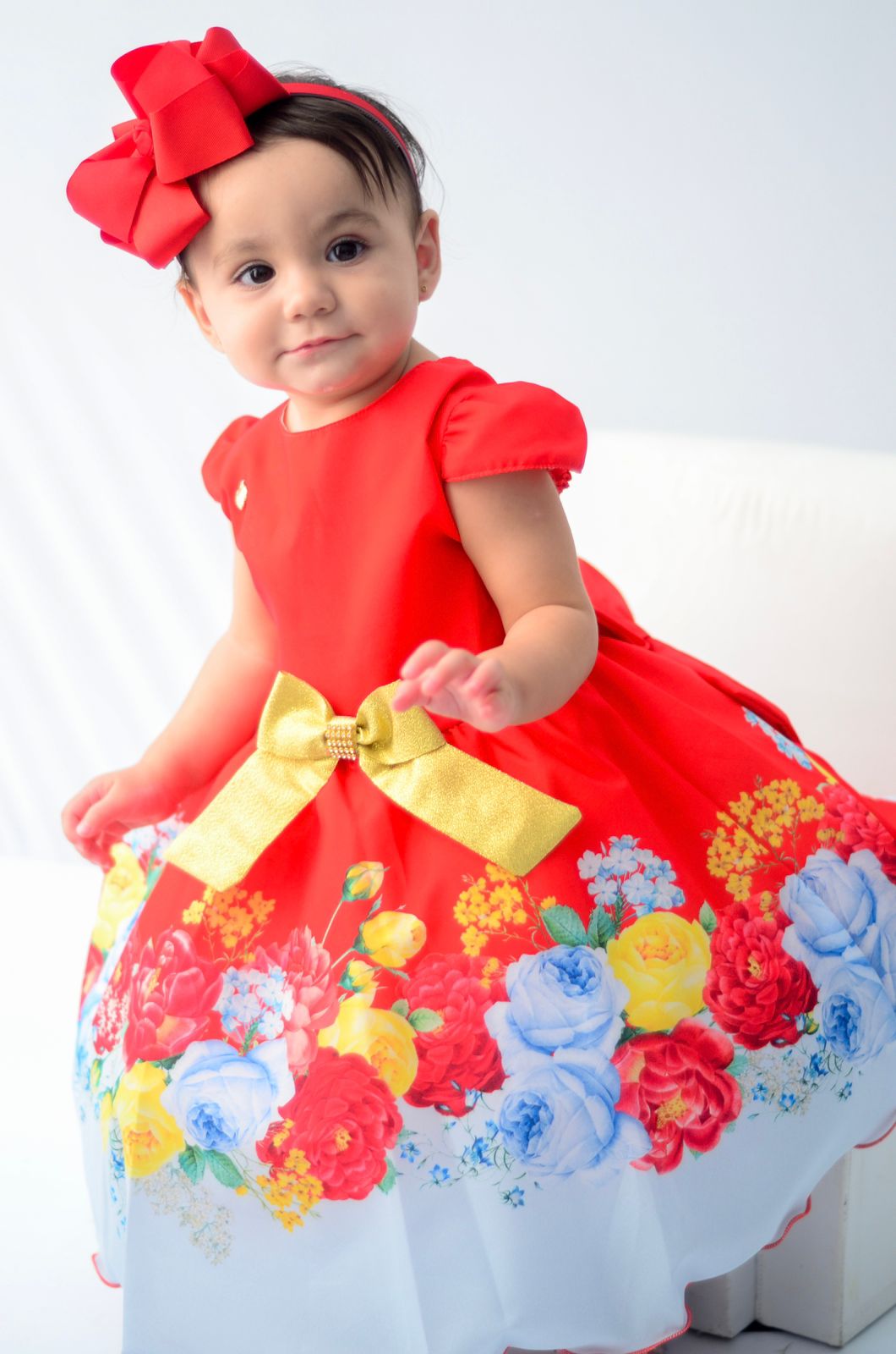 Vestido Infantil Vermelho Floral Laço Dourado Luxo Festas