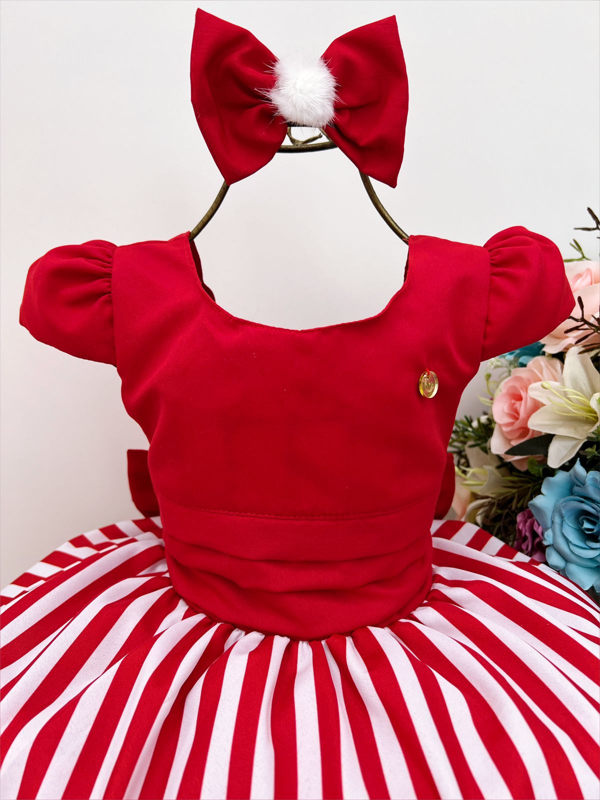 Vestido Infantil Vermelho Florido C/ Laço Pompom Luxo