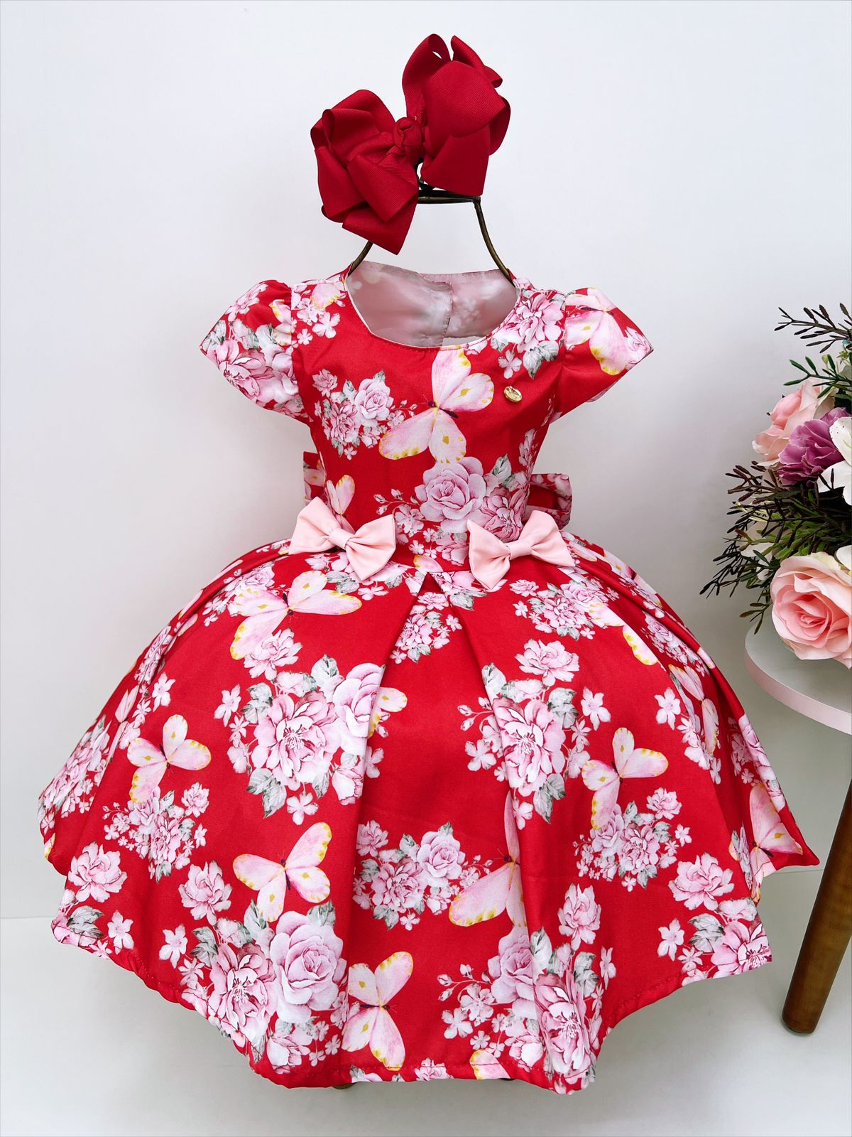 Vestido Infantil Vermelho Jardim Borboletas Laços Luxo