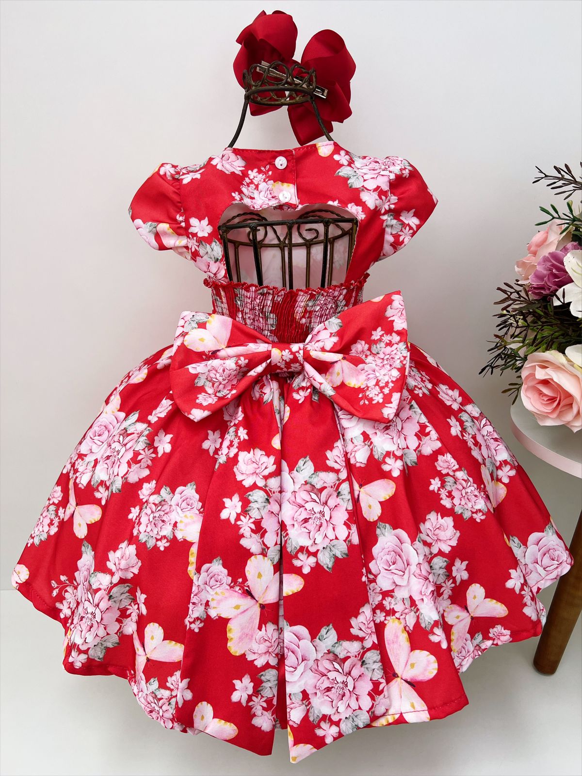 Vestido Infantil Vermelho Jardim Borboletas Laços Luxo