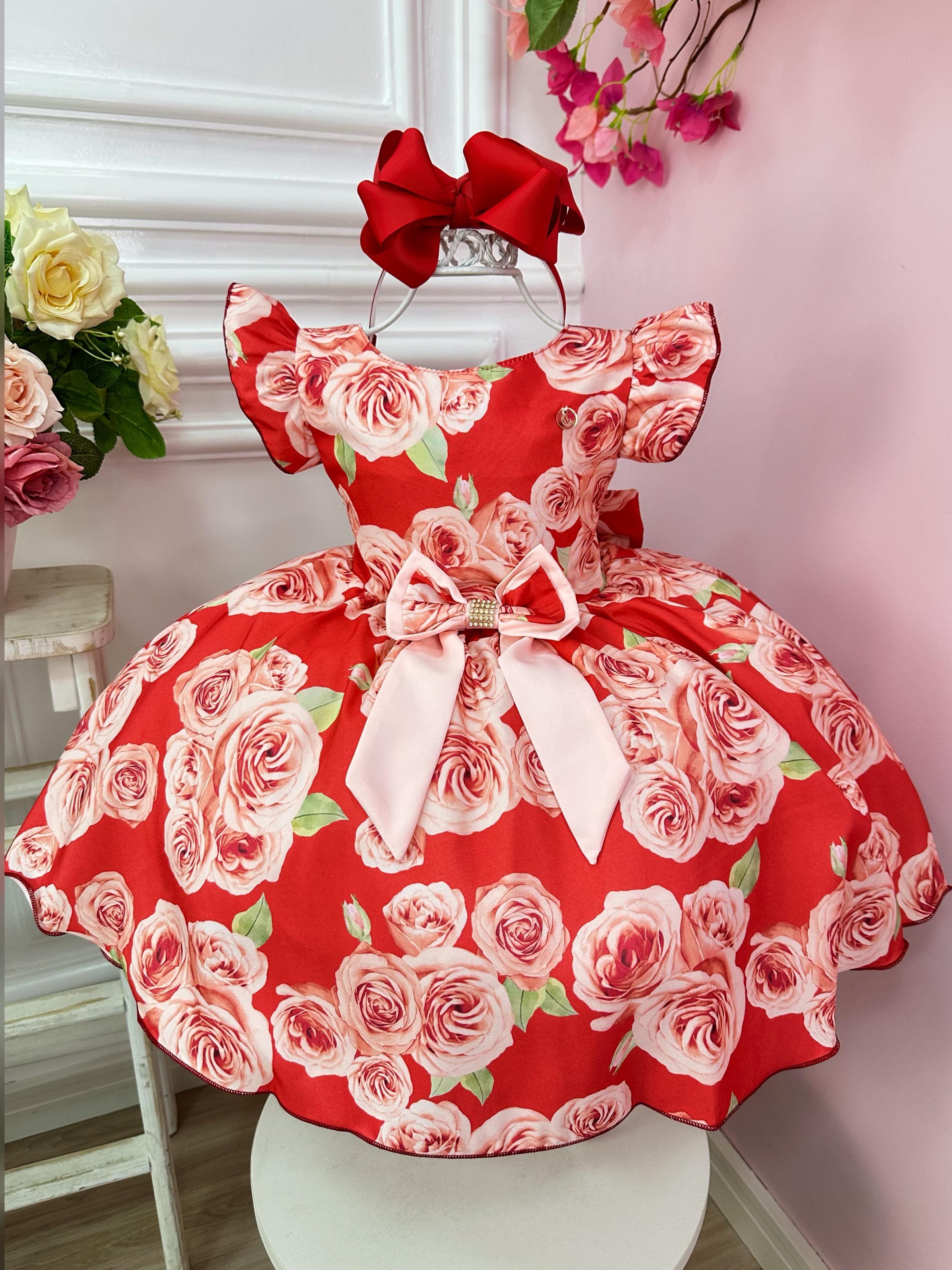 Vestido Infantil Vermelho Rosas C/ Laço Strass Luxo