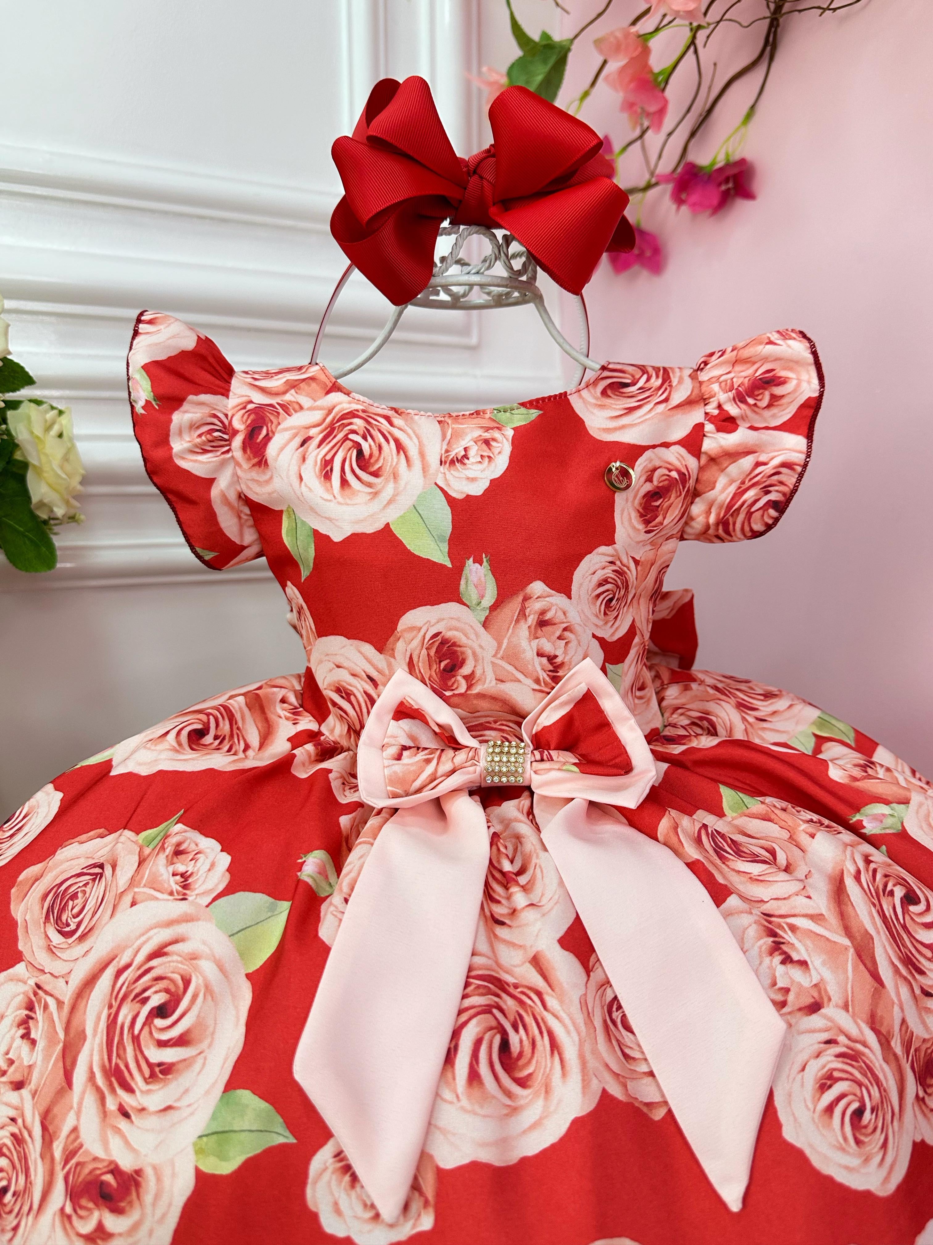 Vestido Infantil Vermelho Rosas C/ Laço Strass Luxo