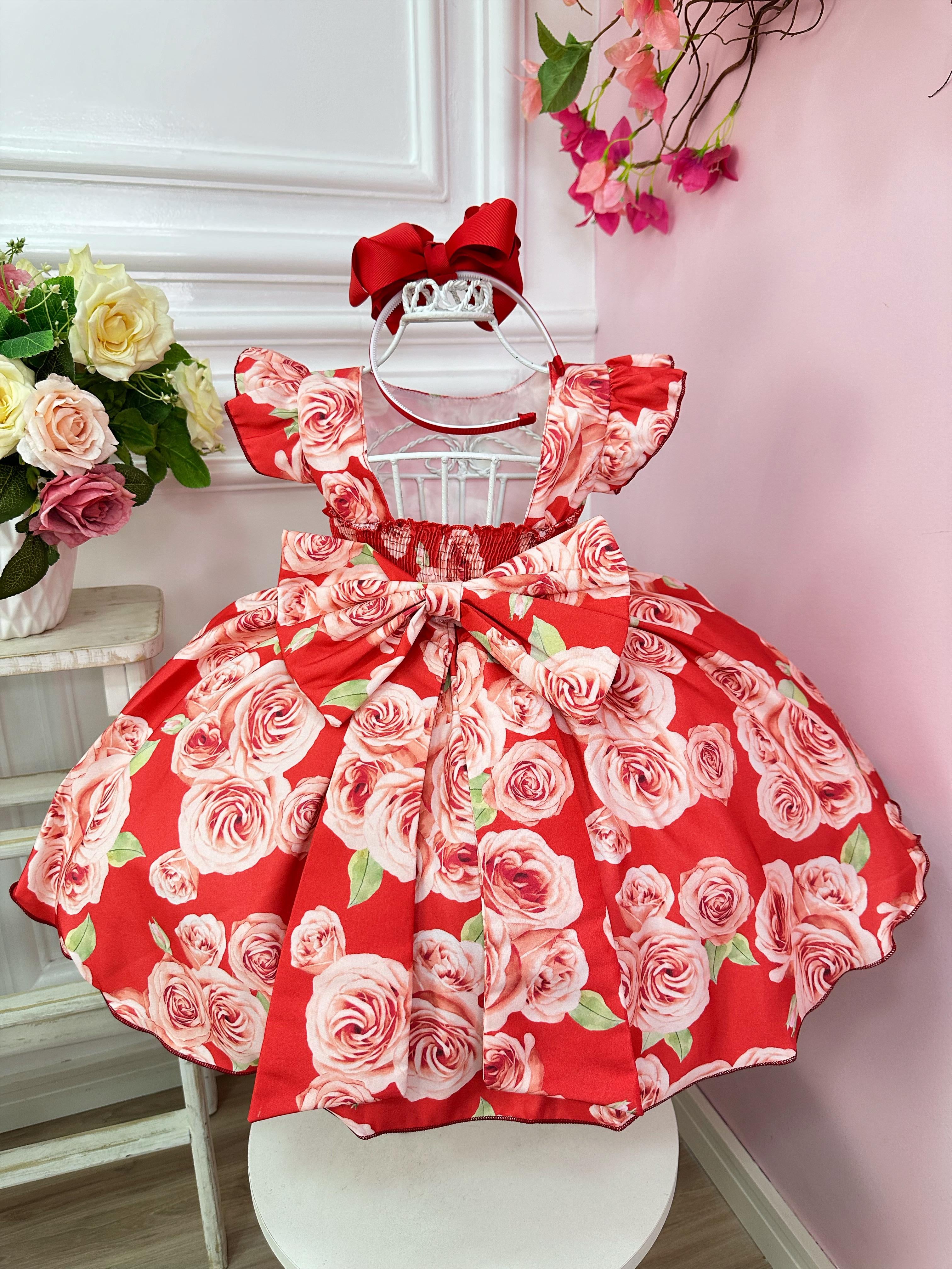 Vestido Infantil Vermelho Rosas C/ Laço Strass Luxo