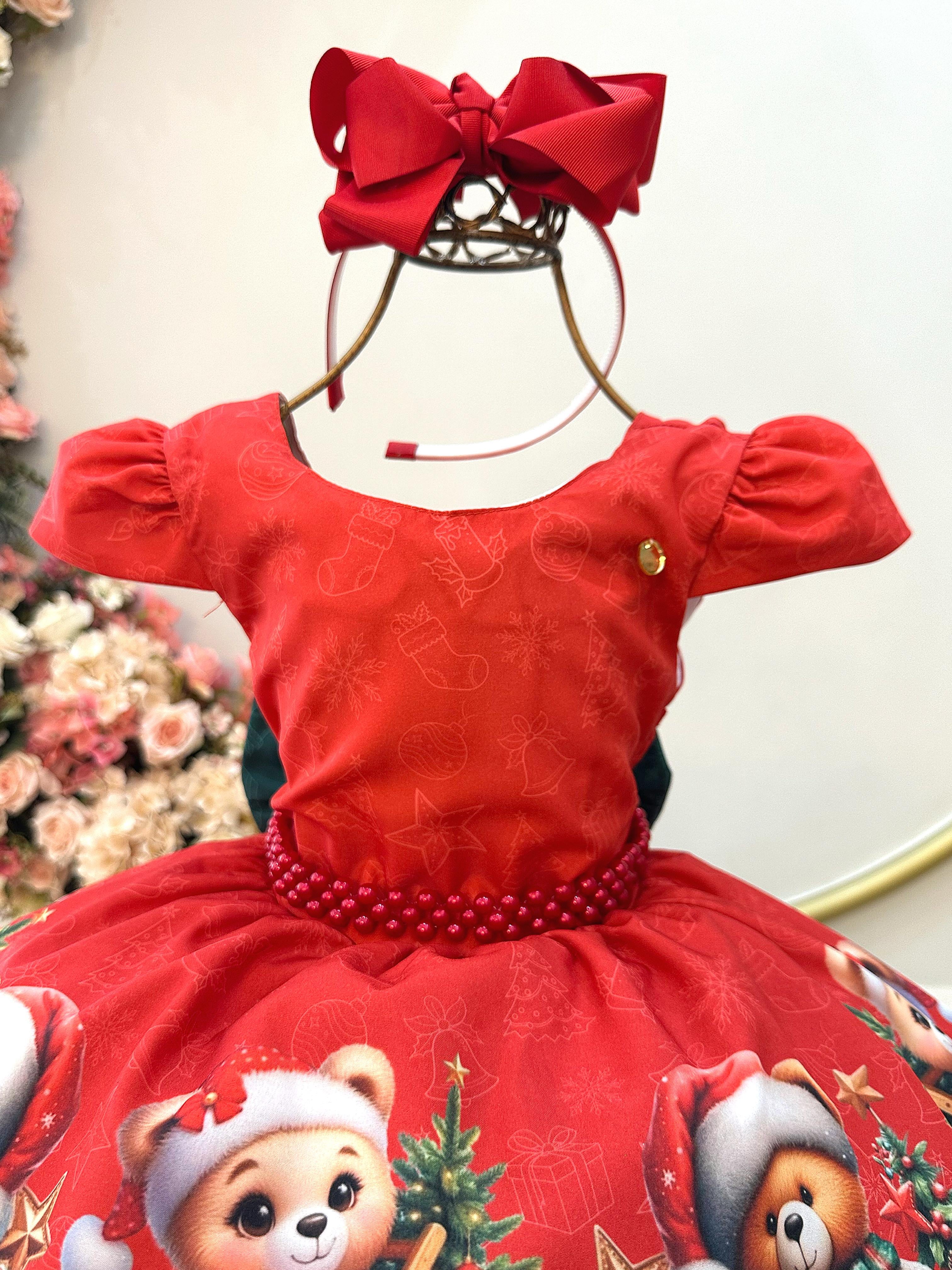 Vestido Infantil Vermelho Ursinhos Neve Festas Natal