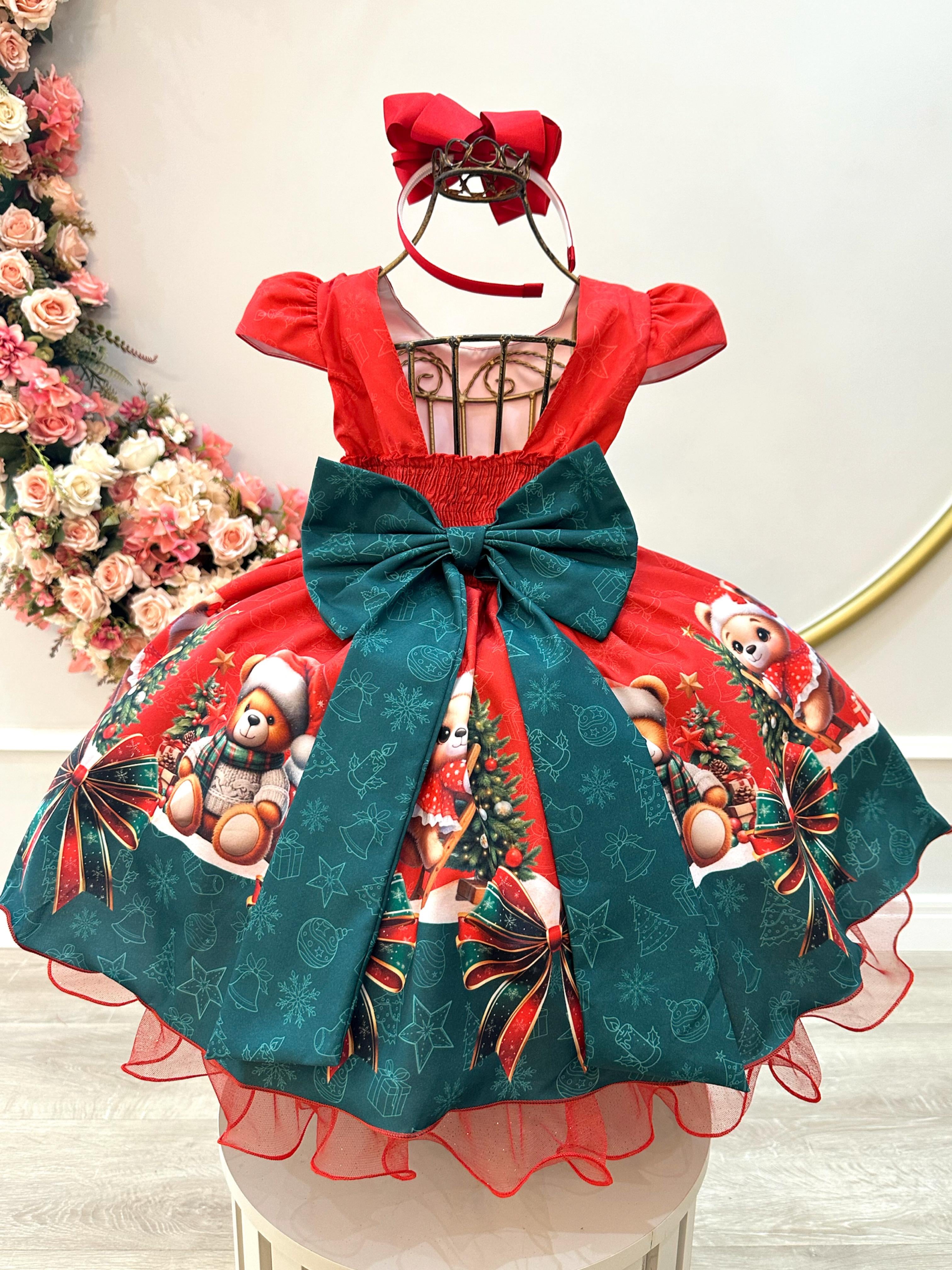 Vestido Infantil Vermelho Ursinhos Neve Festas Natal