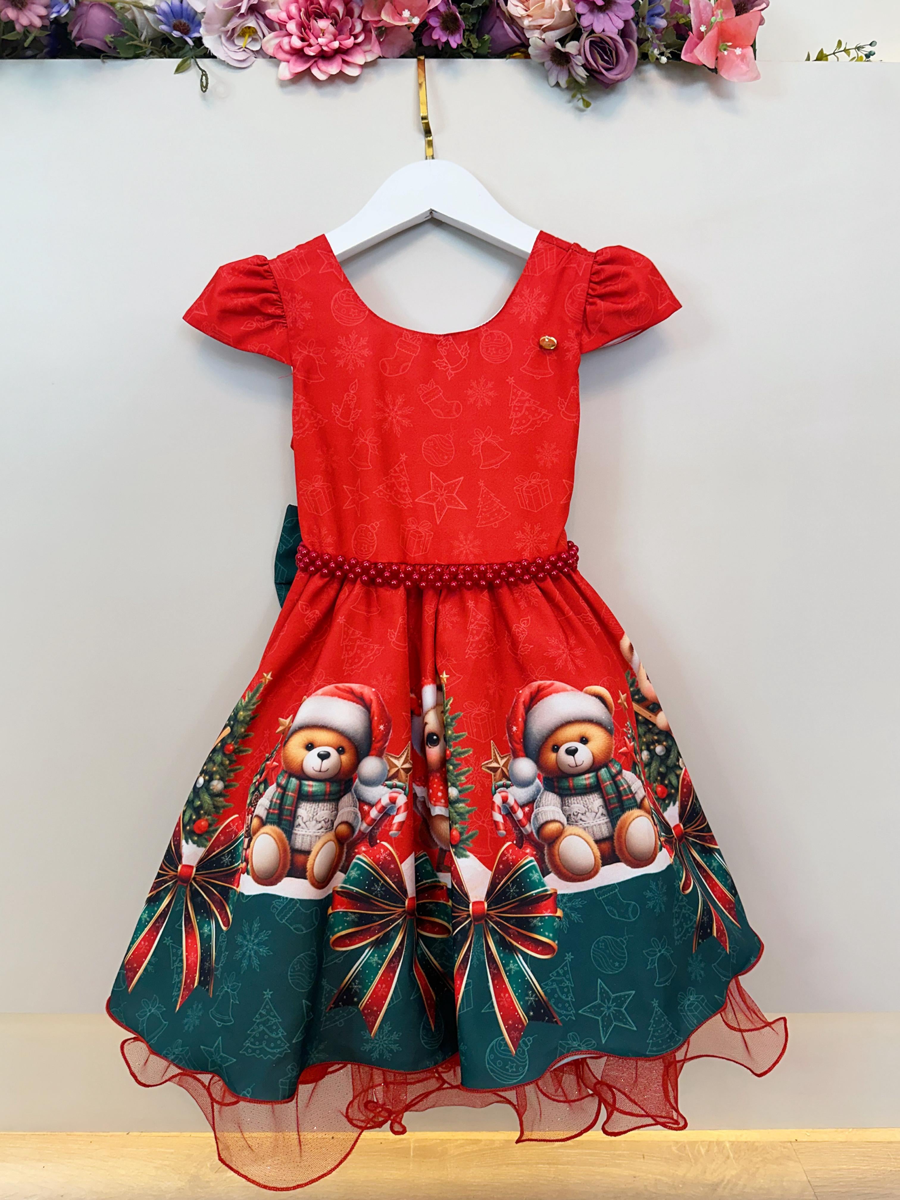 Vestido Infantil Vermelho Ursinhos Neve Festas Natal