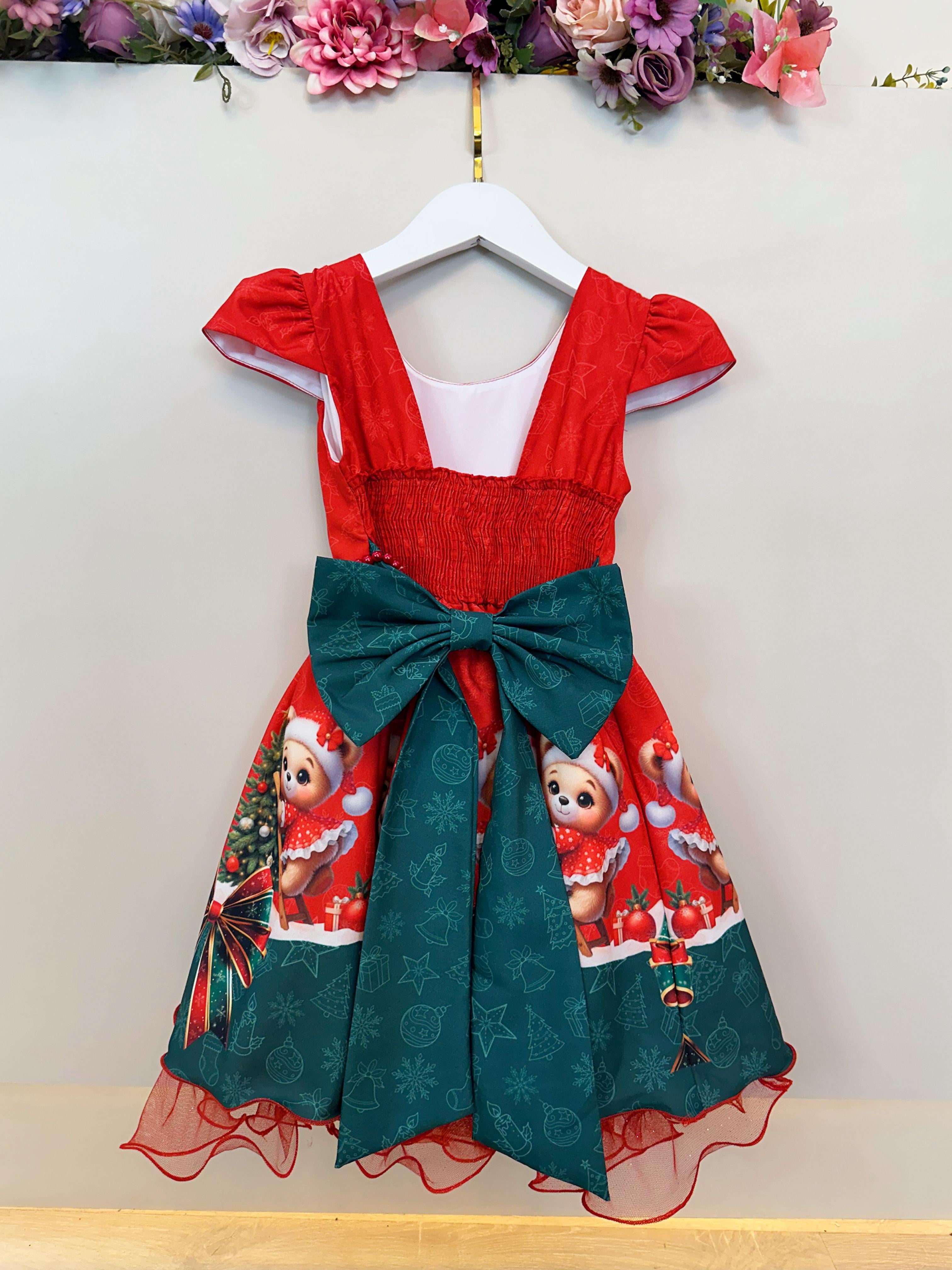Vestido Infantil Vermelho Ursinhos Neve Festas Natal