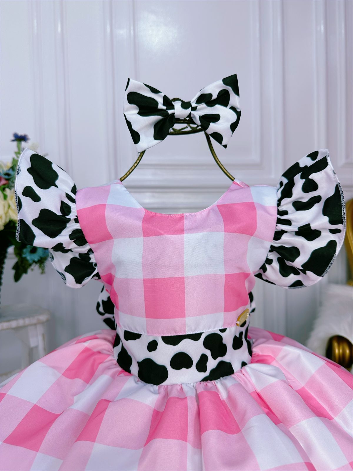 Vestido Infantil Xadrez Branco Rosa Fazendinha Vaquinha Laço