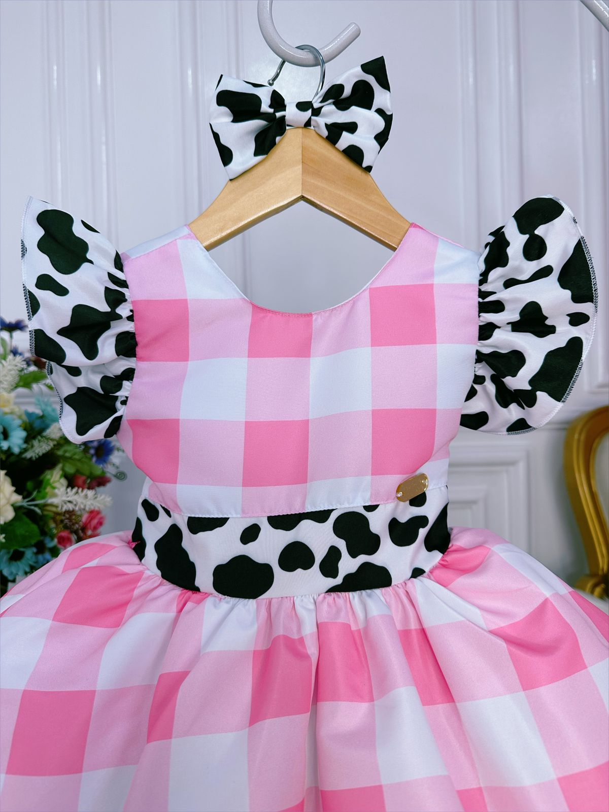 Vestido Infantil Xadrez Branco Rosa Fazendinha Vaquinha Laço