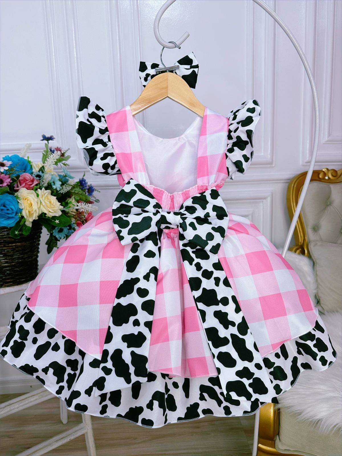 Vestido Infantil Xadrez Branco Rosa Fazendinha Vaquinha Laço