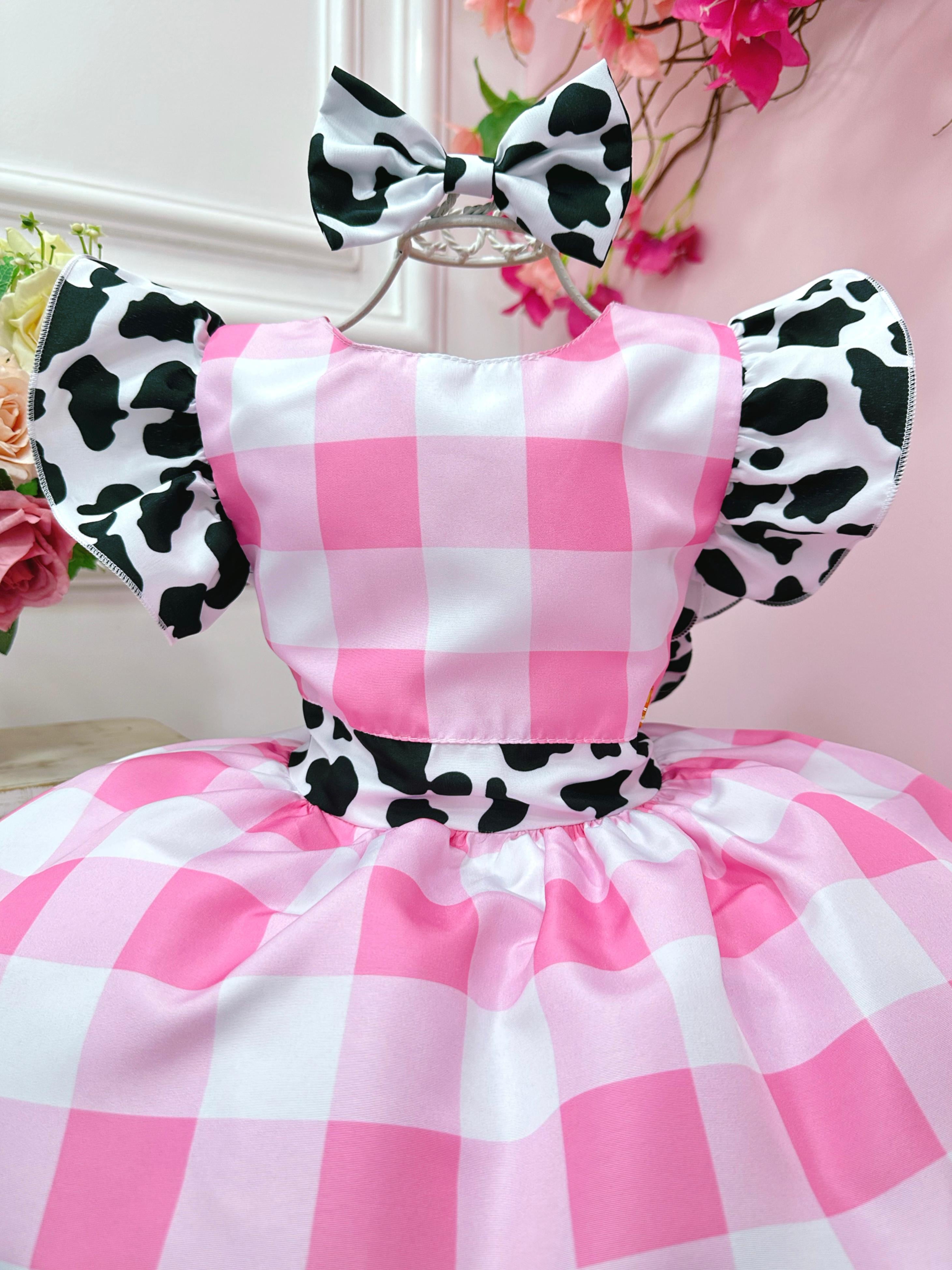 Vestido Infantil Xadrez Branco Rosa Fazendinha Vaquinha Laço