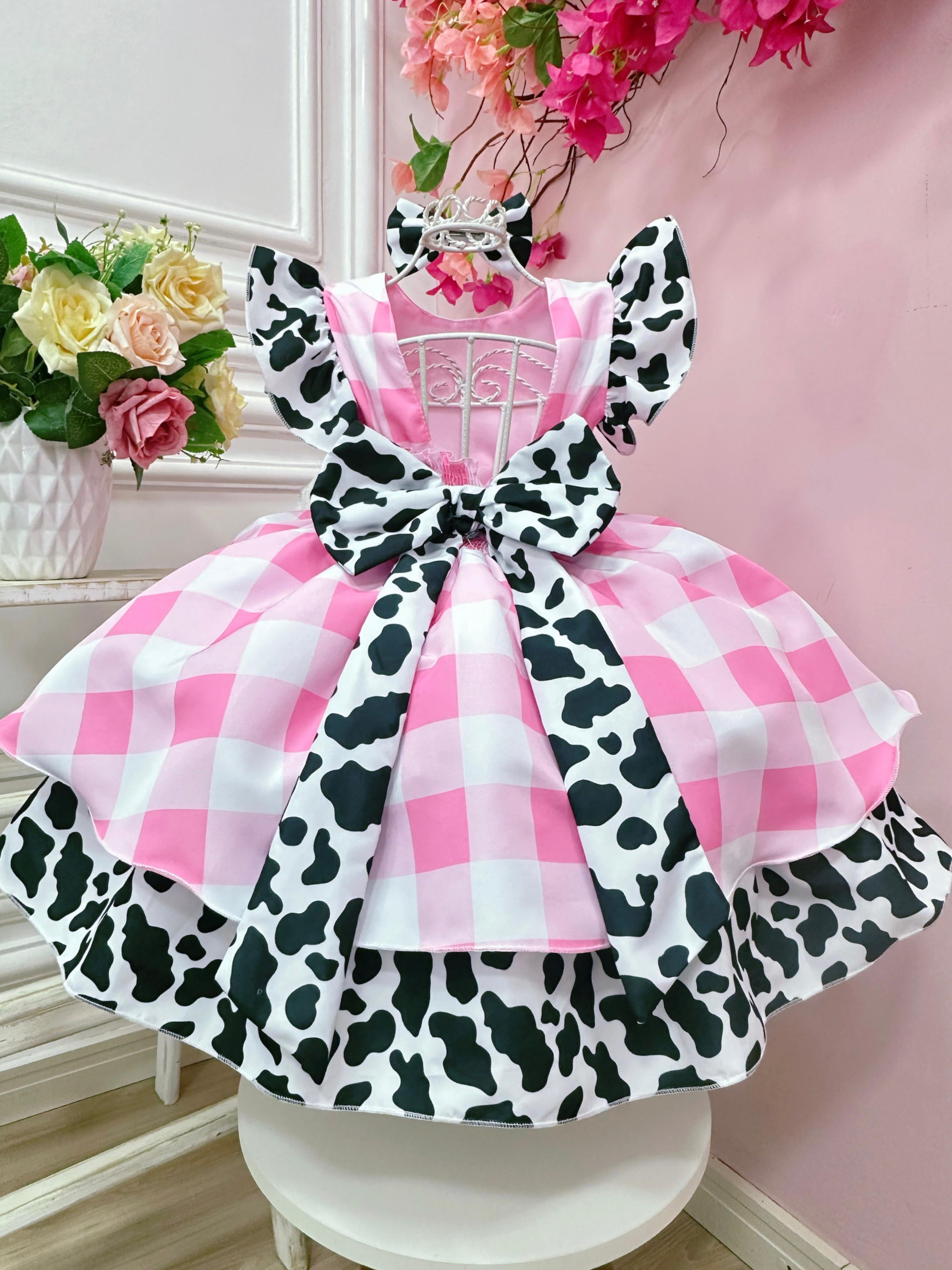 Vestido Infantil Xadrez Branco Rosa Fazendinha Vaquinha Laço