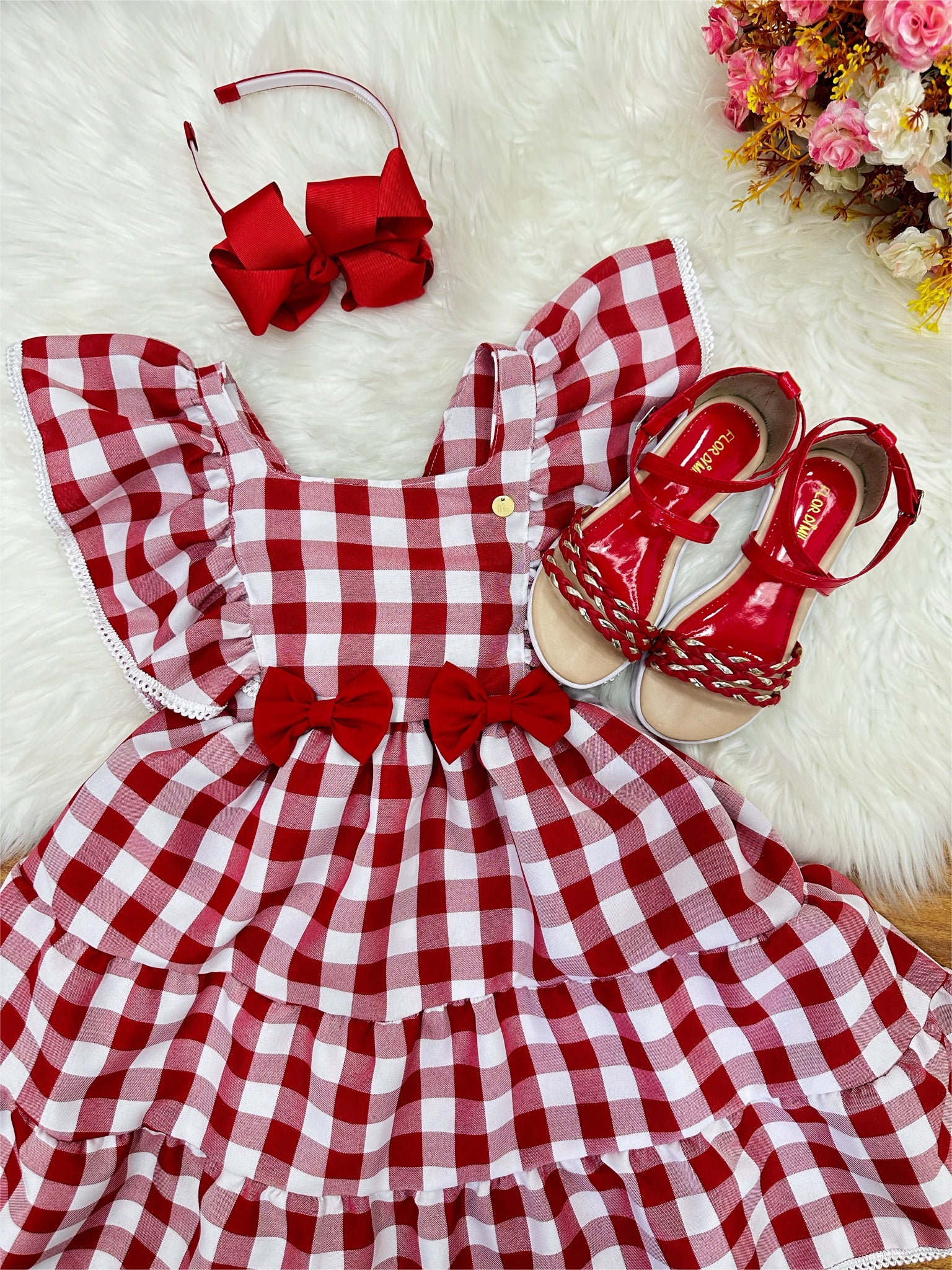 Vestido Infantil Xadrez Marsala e Branco Broche de Lacinhos