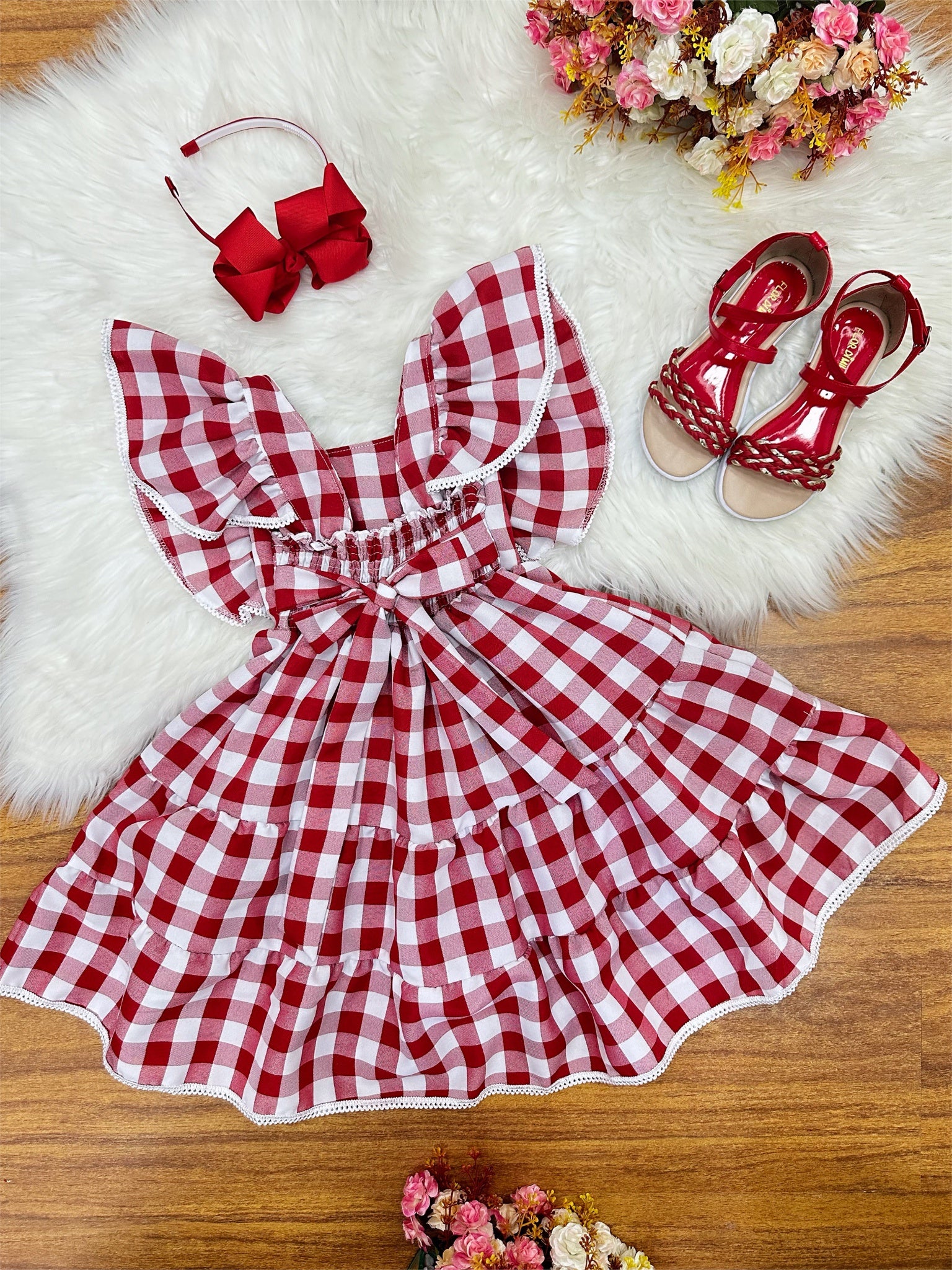 Vestido Infantil Xadrez Marsala e Branco Broche de Lacinhos