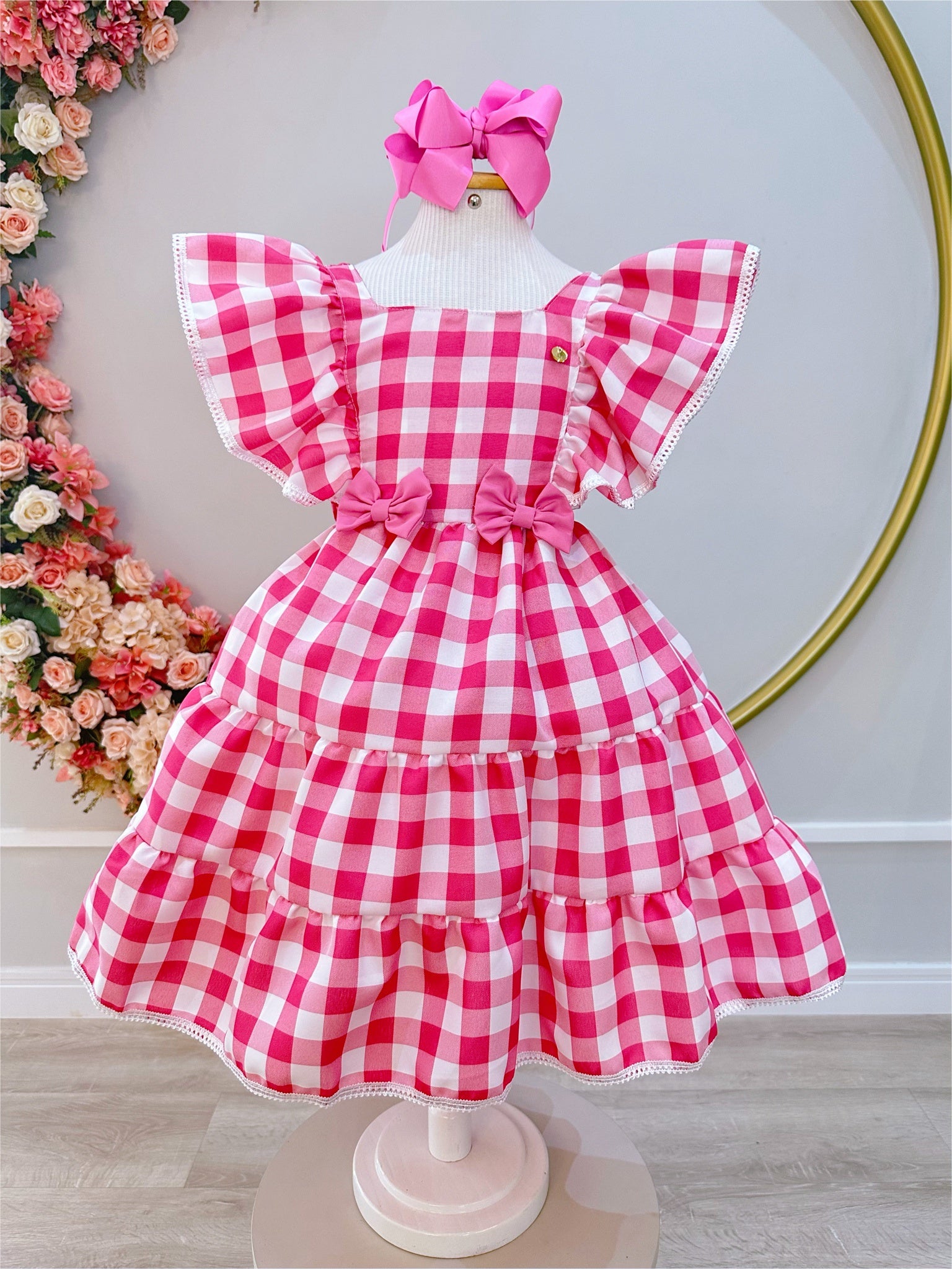 Vestido Infantil Xadrez Rosa e Branco Broche de Lacinhos