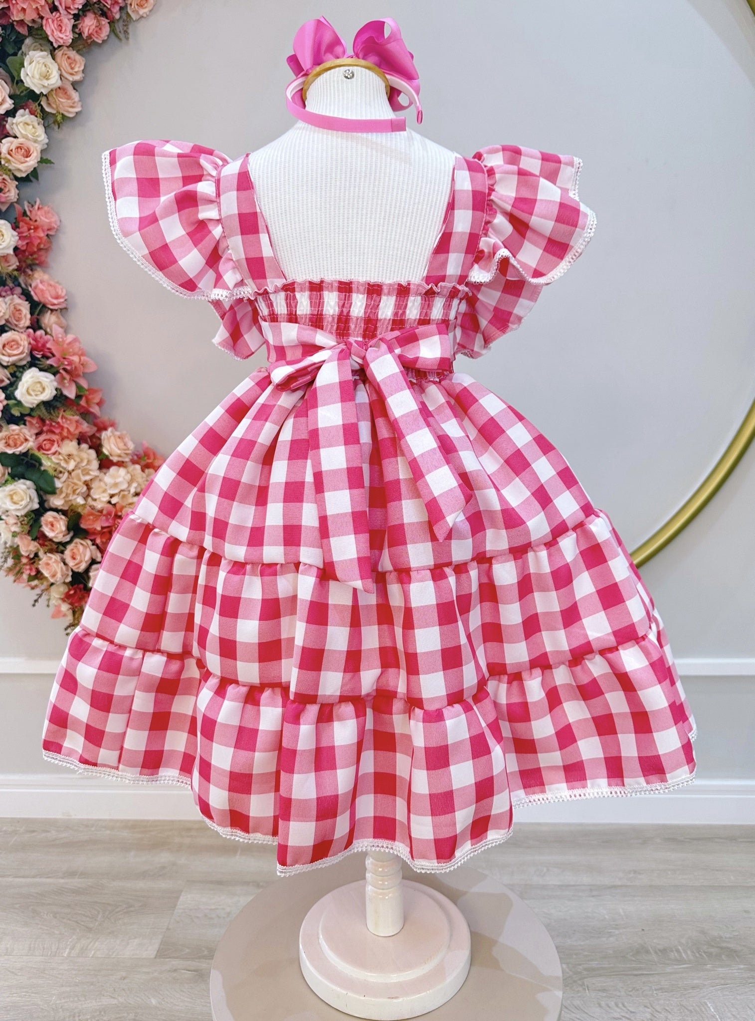 Vestido Infantil Xadrez Rosa e Branco Broche de Lacinhos