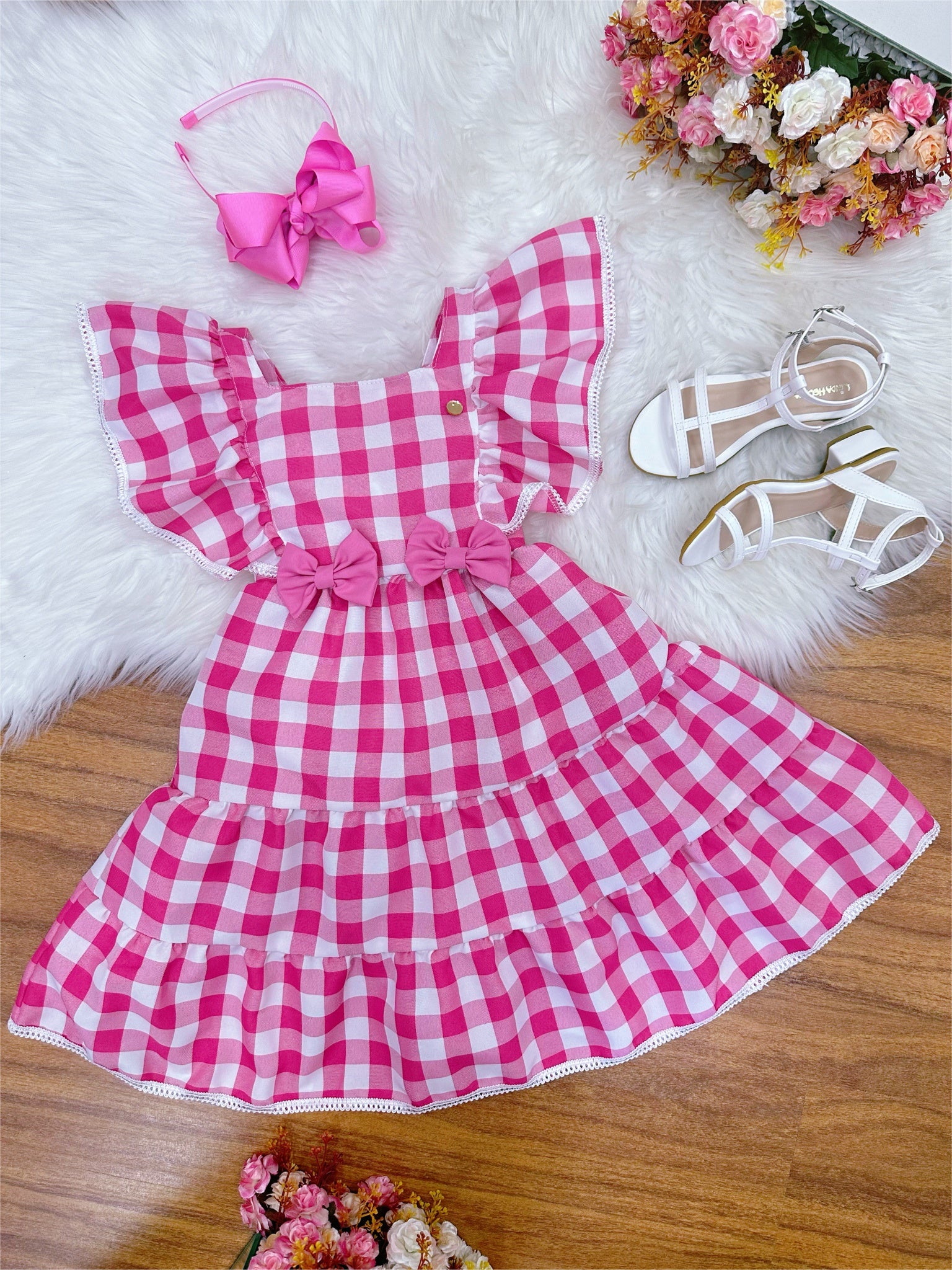 Vestido Infantil Xadrez Rosa e Branco Broche de Lacinhos