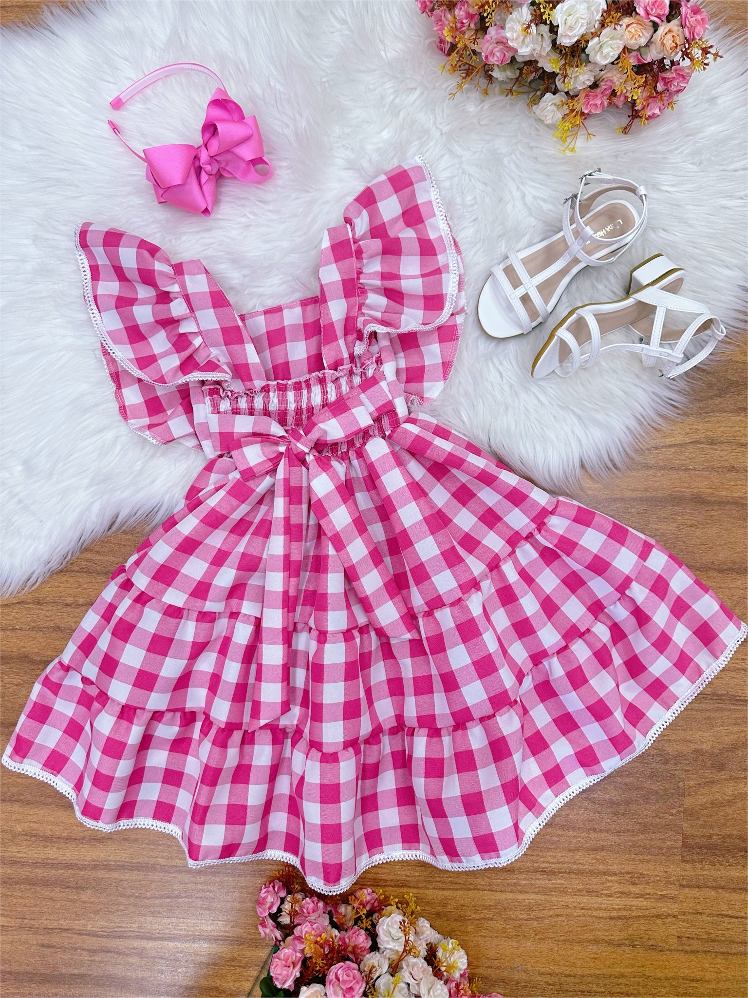 Vestido Infantil Xadrez Rosa e Branco Broche de Lacinhos